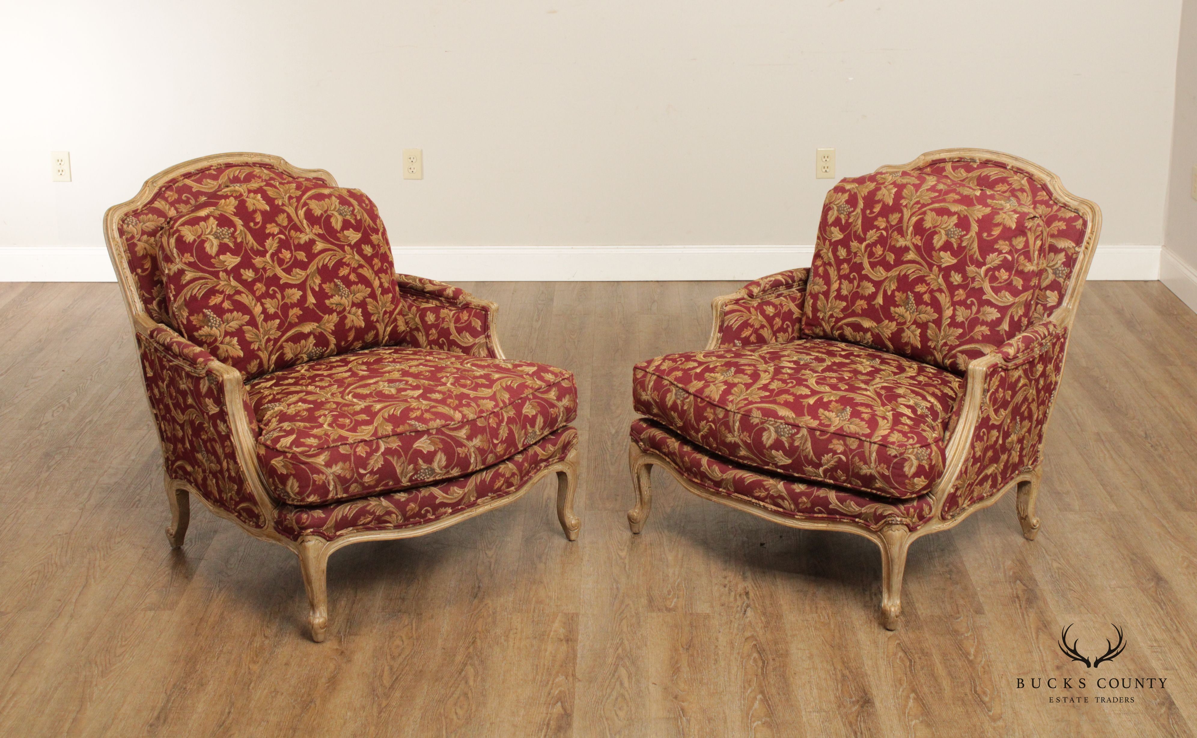 French Louis XV Style Pair of Wide Seat Bergere Lounge Chairs