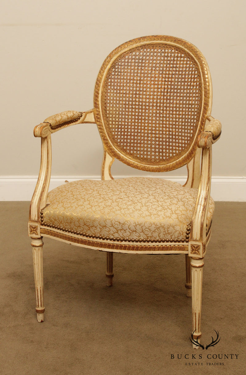 French Louis XVI Style Vintage Pair Partial Gilt Painted Cane Back Armchairs