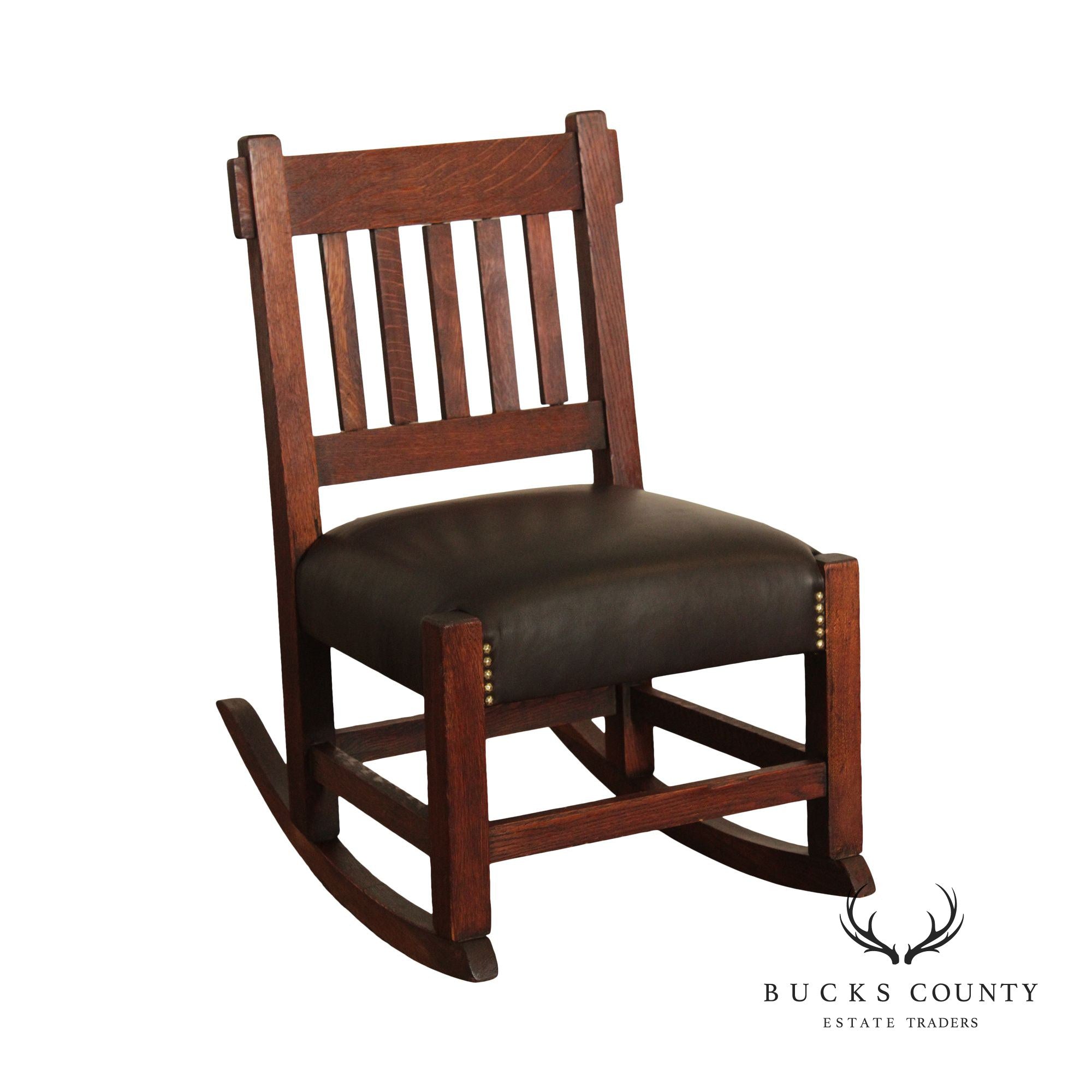 Antique Mission Oak And Leather Armless Rocker