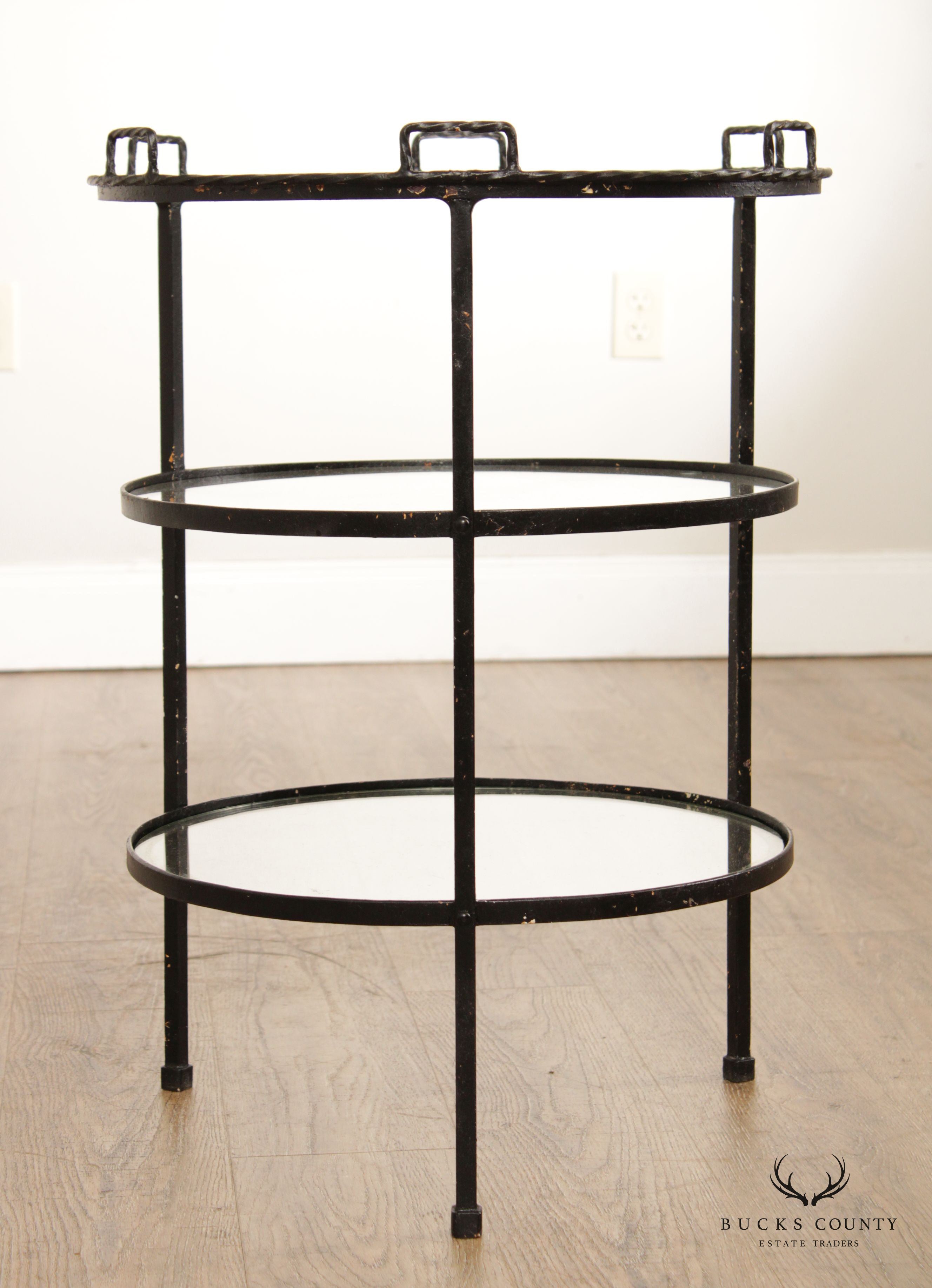 Mid Century Modern Wrought Iron & Glass Tiered Round Side Table