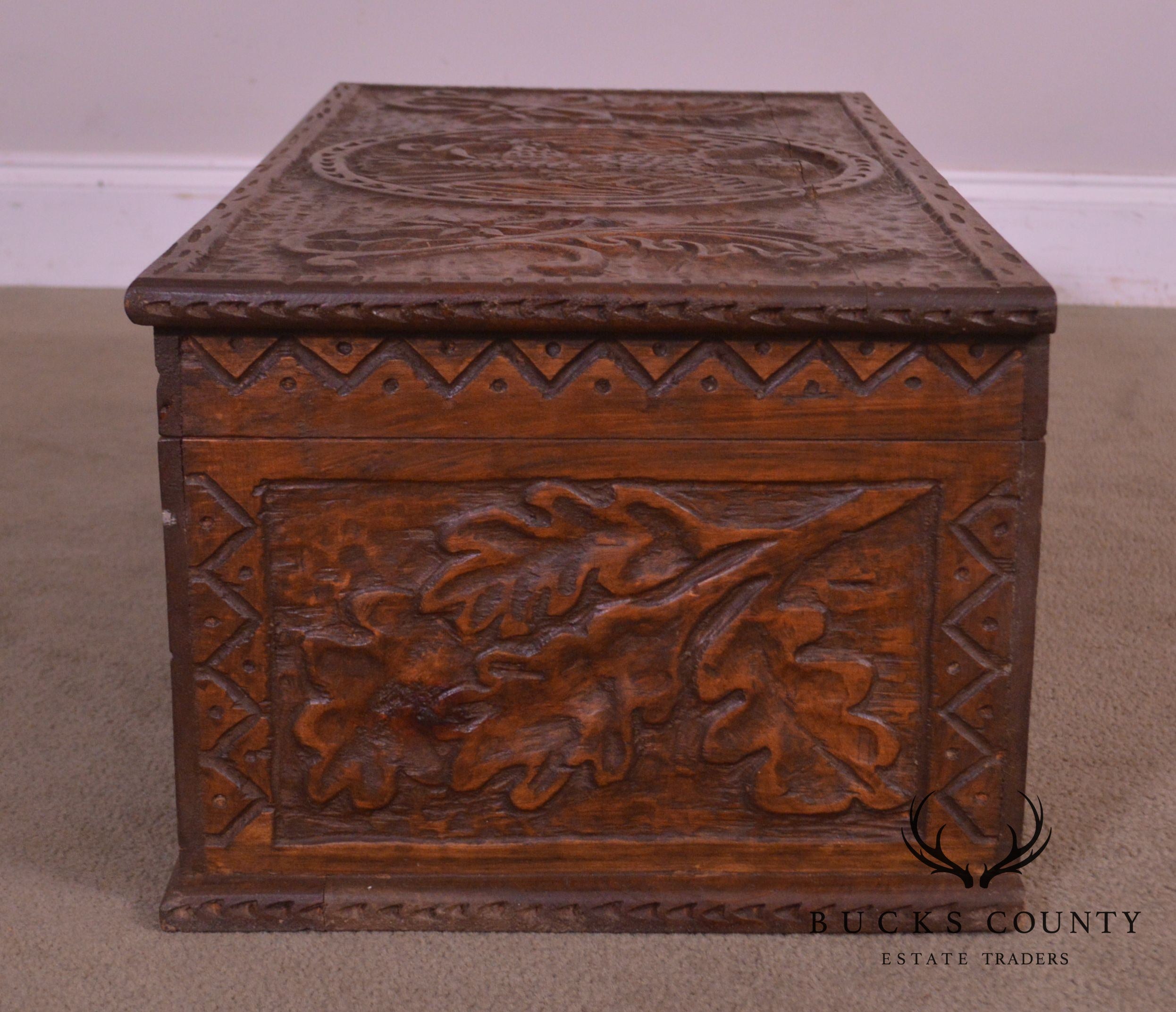 Antique Hand Carved Wood Chest with Eagle