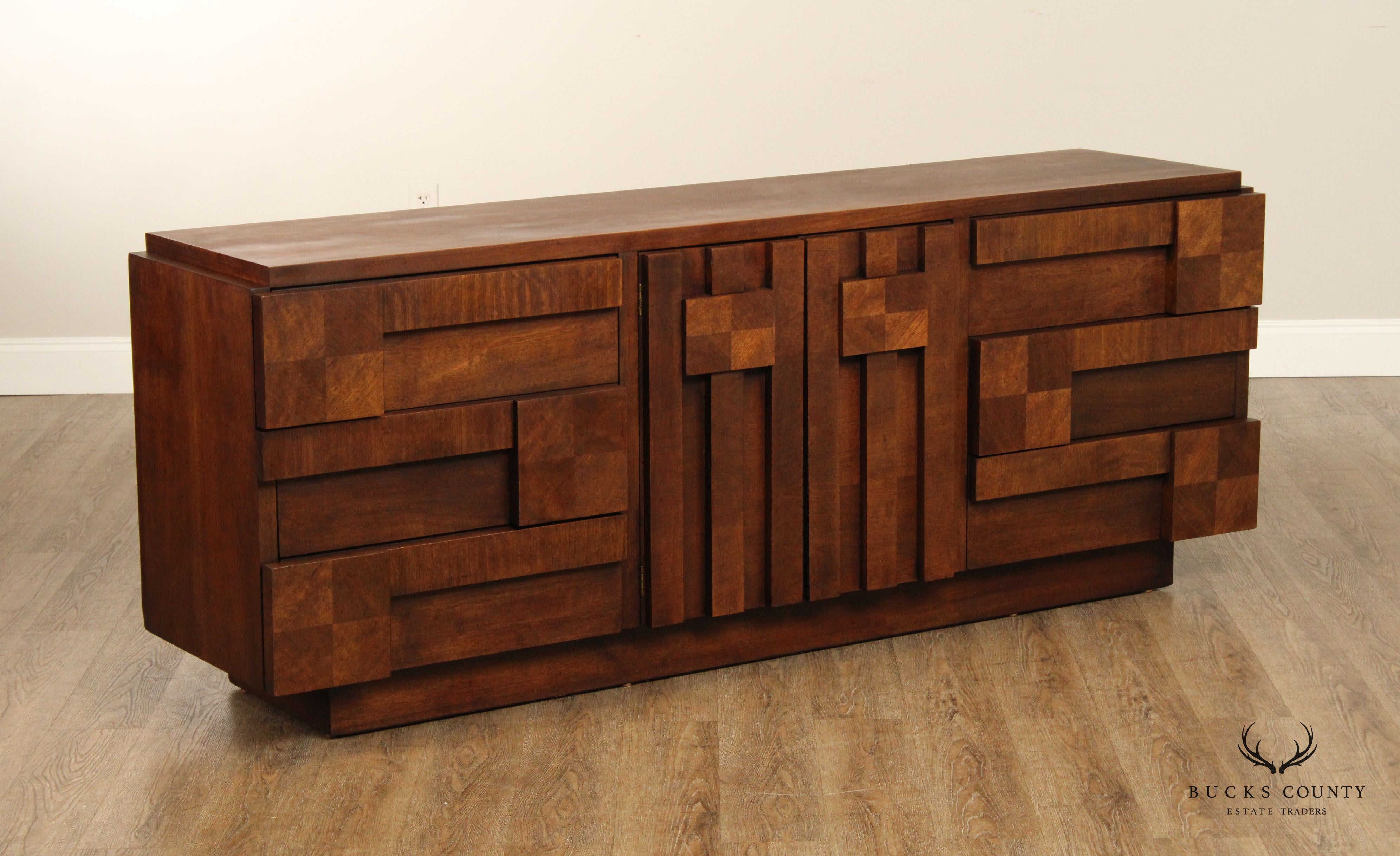 Lane Mid Century Modern Brutalist Walnut Long Dresser