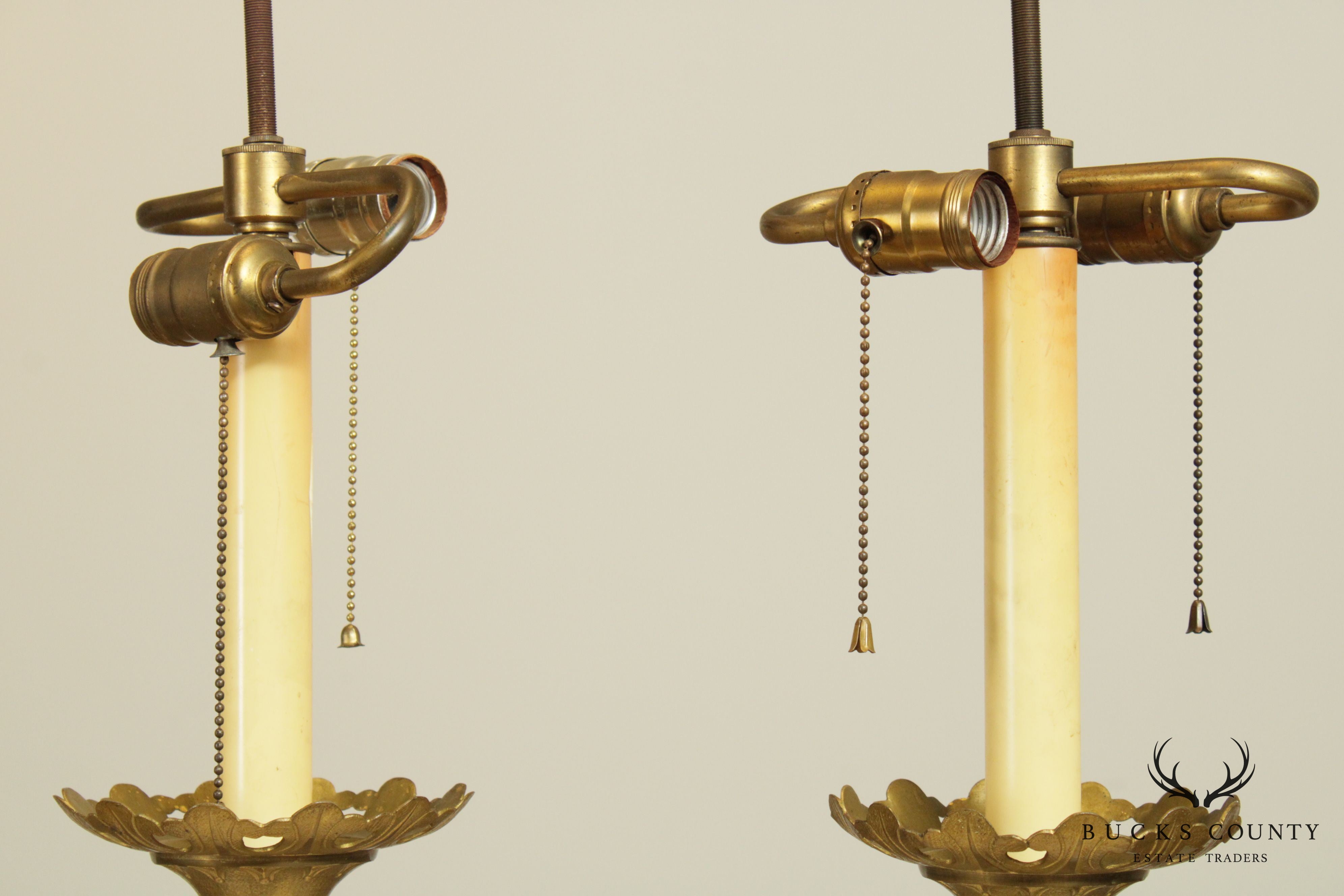 Gothic Revival Antique Aesthetic Brass Pair Converted Candlesticks Lamps