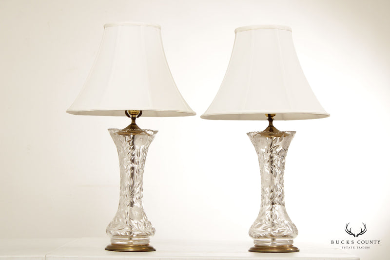 Vintage Pair Floral Etched and Cut Glass Table Lamps