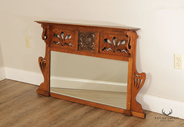 English Arts & Crafts Antique Oak Carved Mantel Mirror