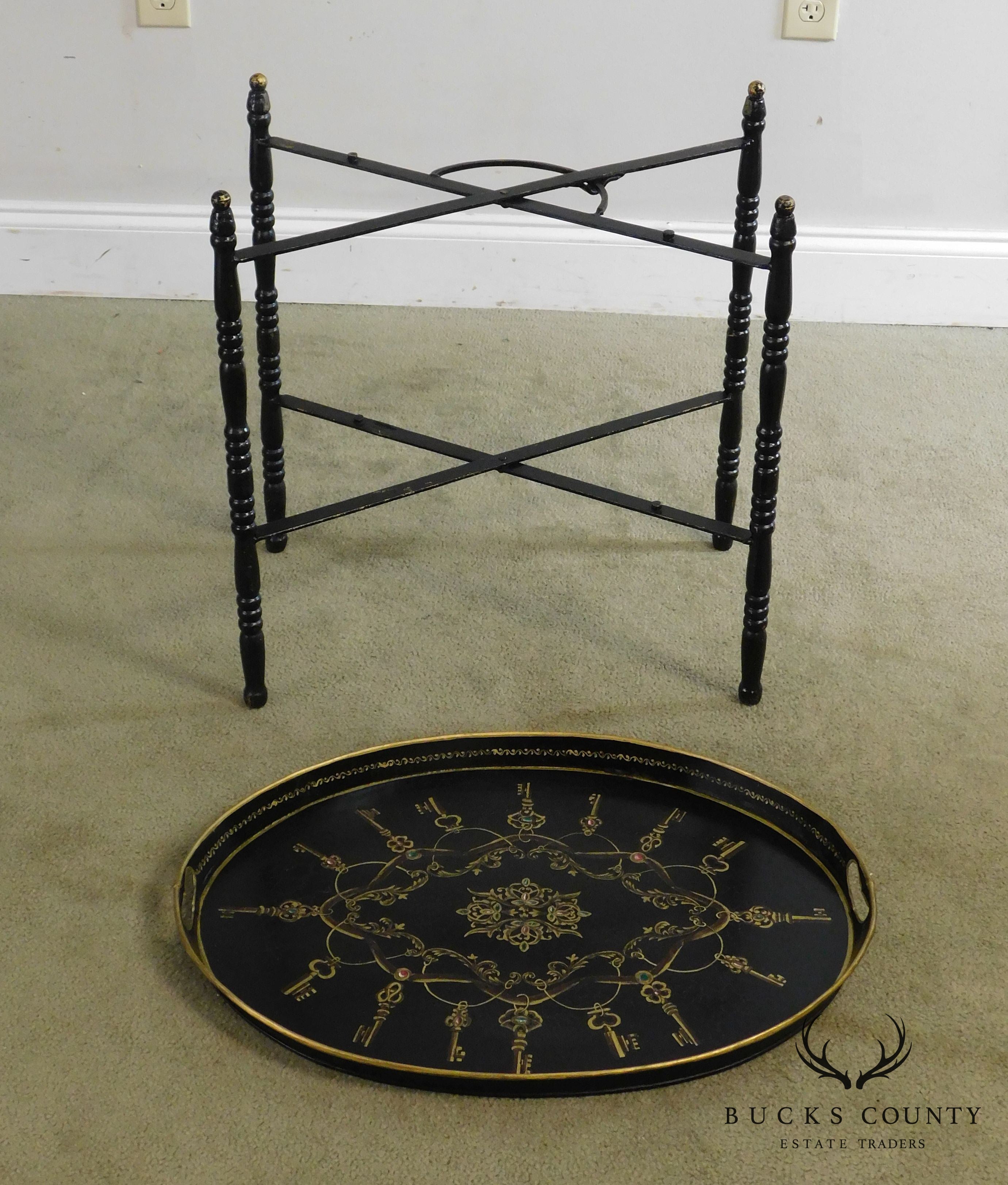 Vintage Hand Painted Tole Tray Table on Folding Metal Base