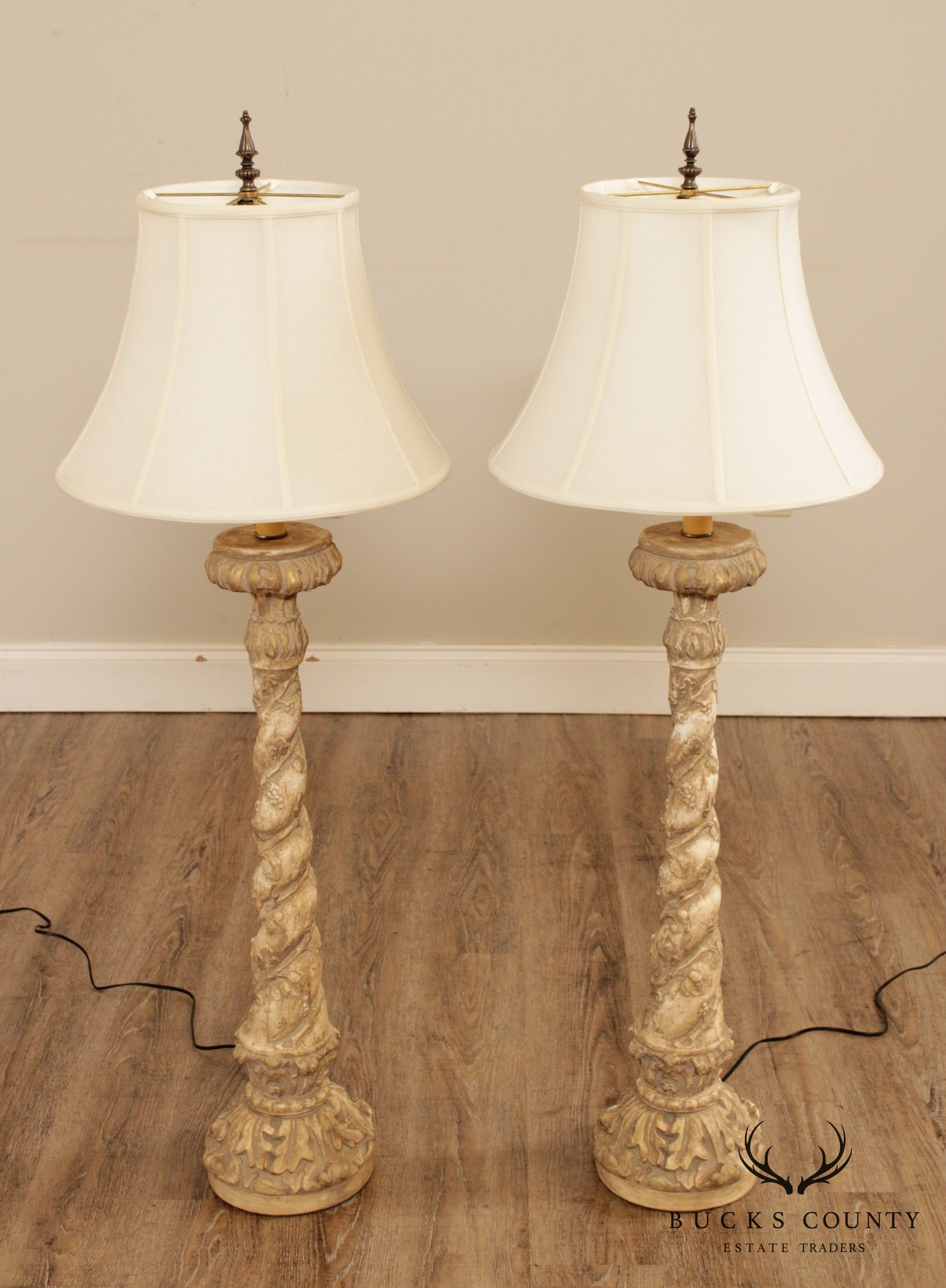 Milano Designs Tall Pair Carved Twisted Torchier Candlestick Table Lamps