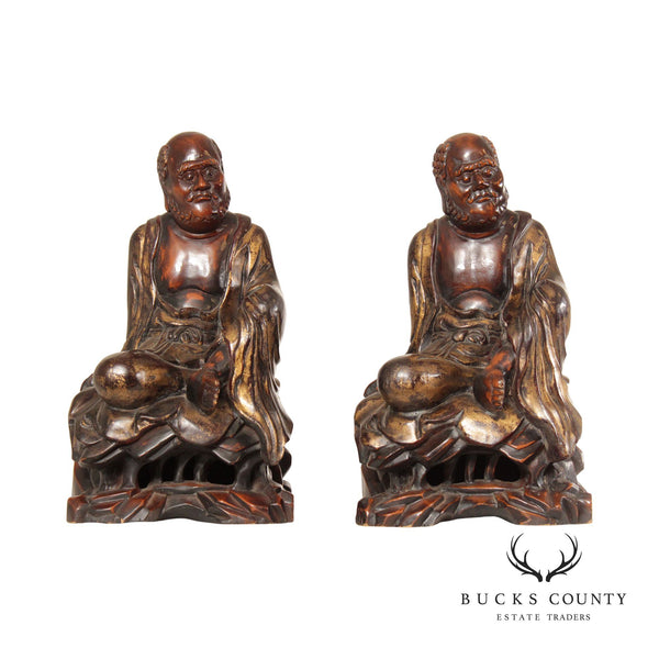 Vintage Hand Carved Pair of Chinese Immortal Statues