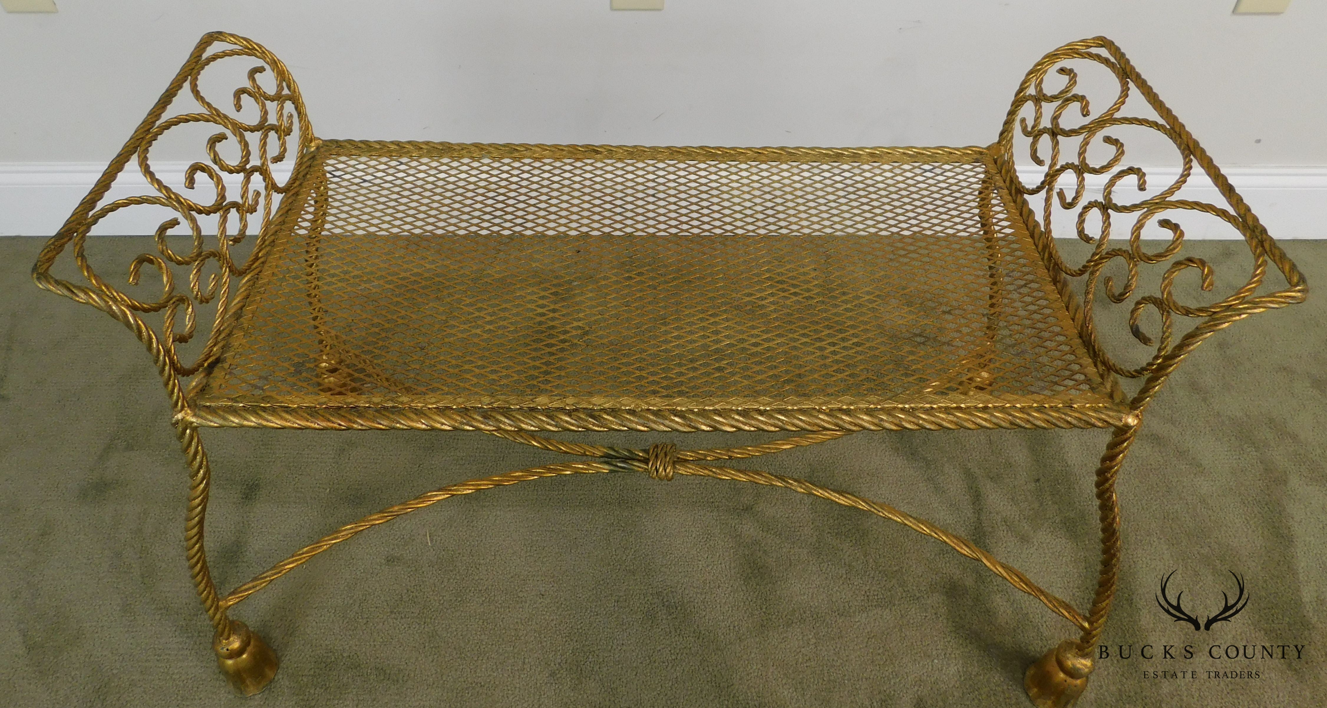 Hollywood Regency Vintage 1960's Italian Gilt Metal Pair Rope & Tassel Benches