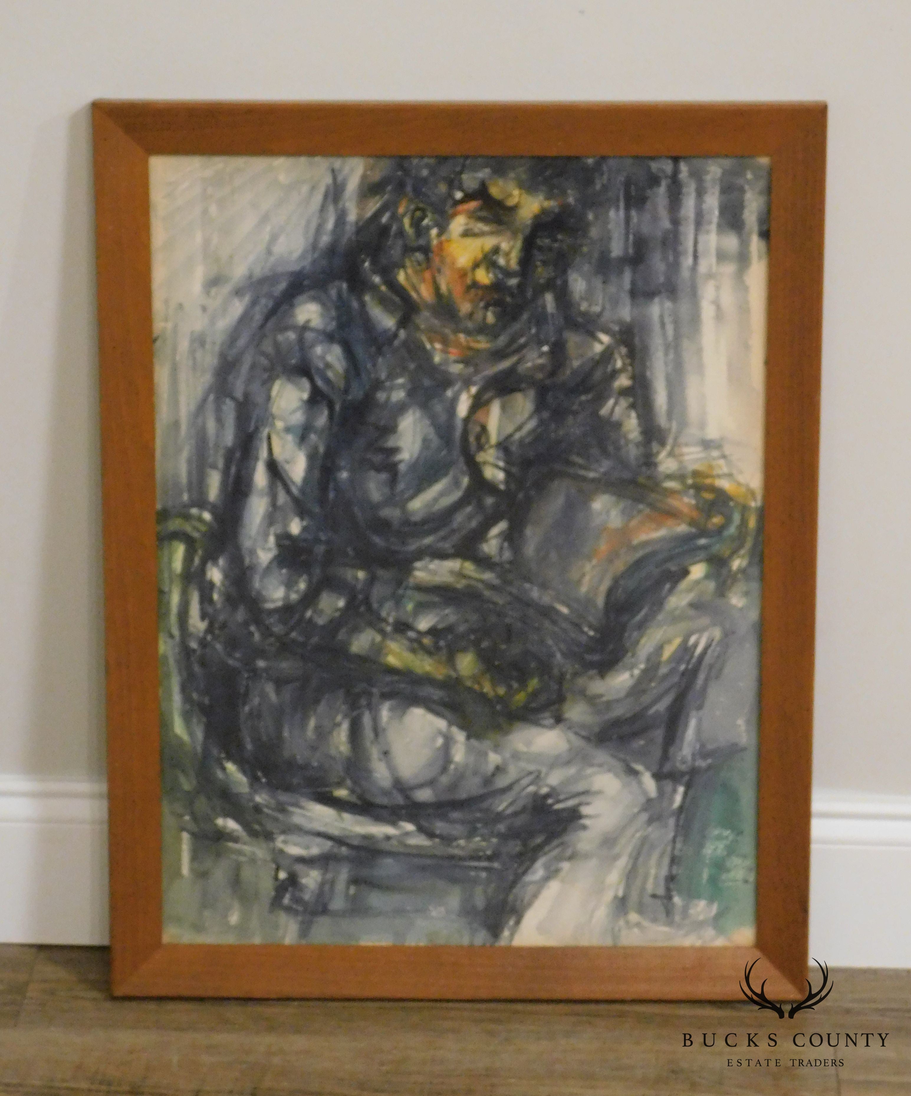 Vintage Modernist Figural Watercolor Original Painting