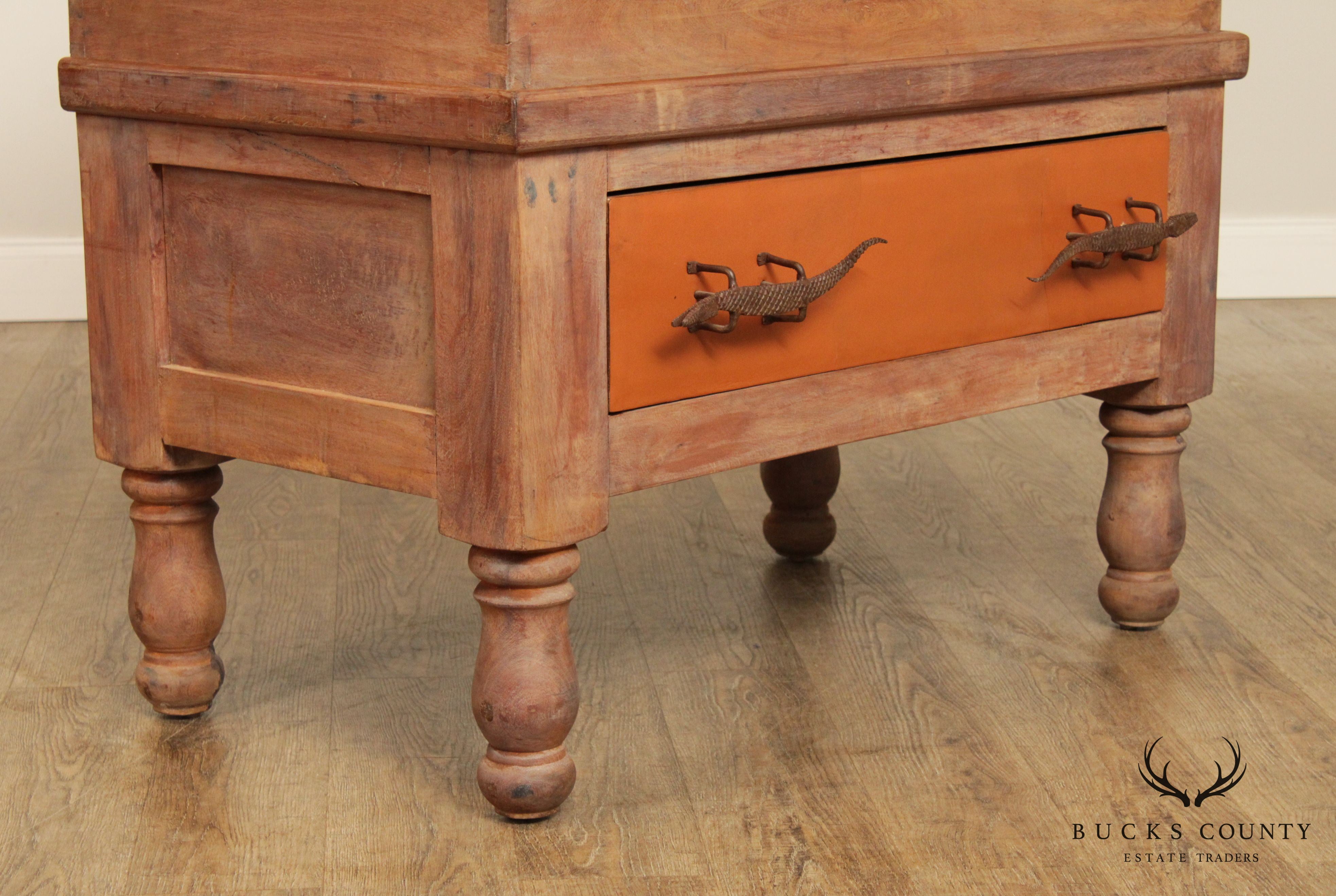 Antique 19th C. Leather Wrapped Hardwood Chest with Iron Crocodile Hardware