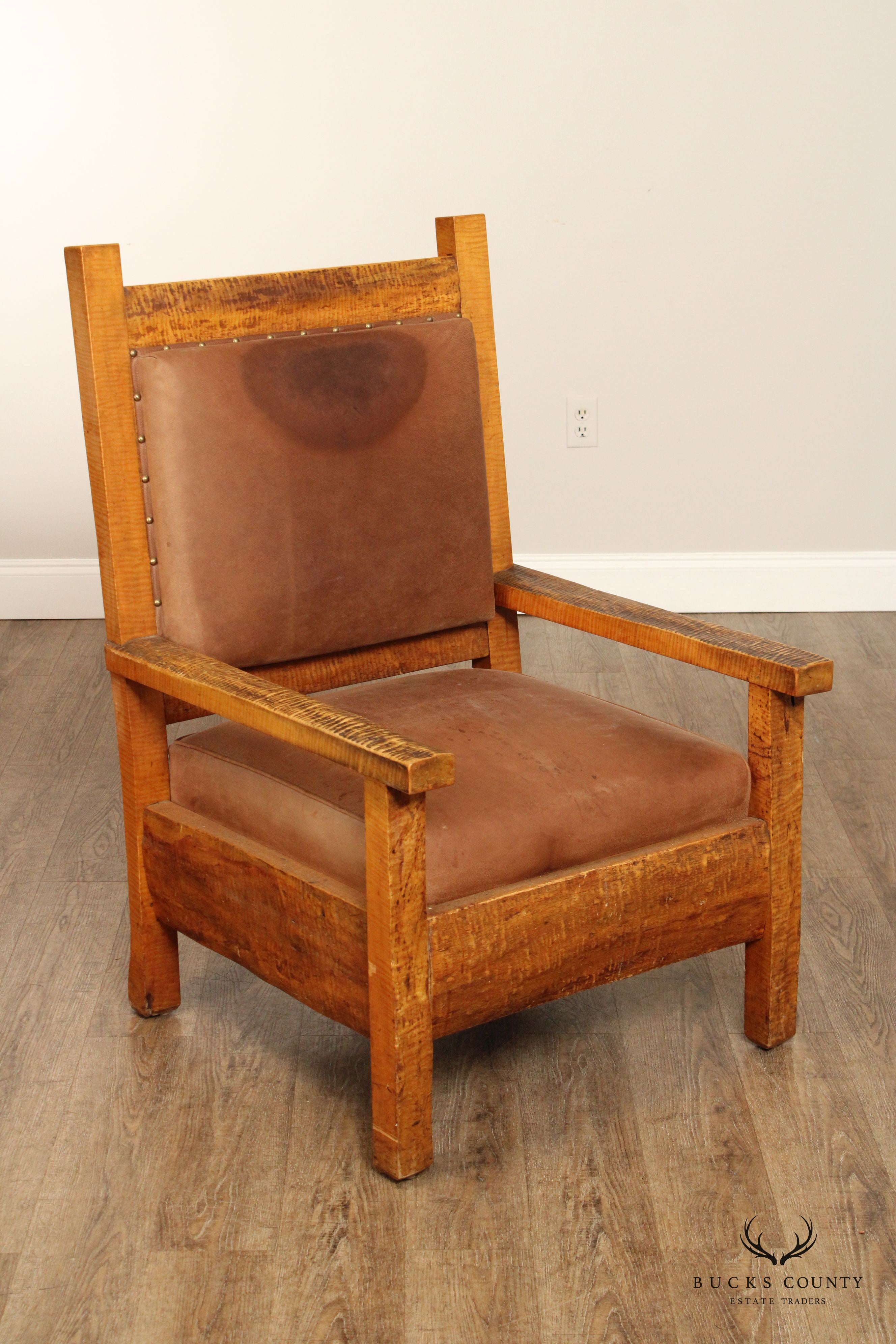 ANTIQUE ADIRONDACK MISSION STYLE TIGER MAPLE ARMCHAIR