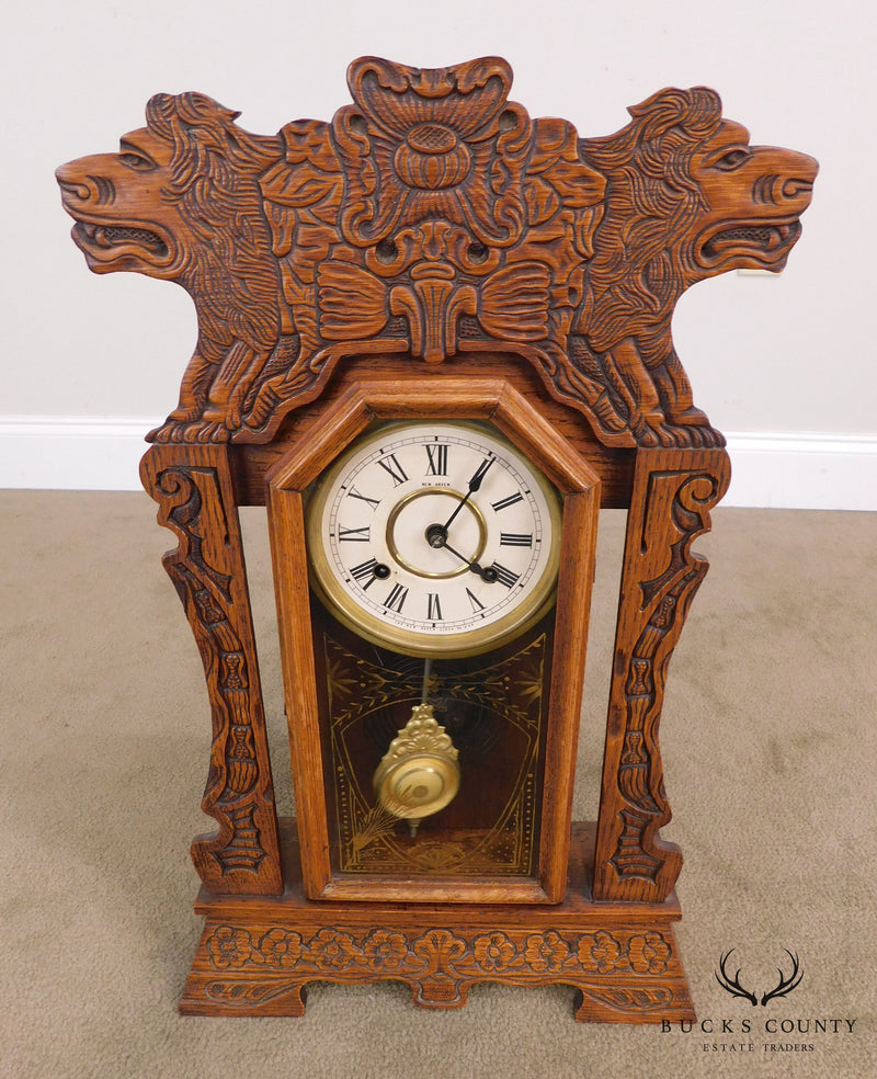 New Haven Antique Lion Carved Oak Gingerbread Kitchen Clock