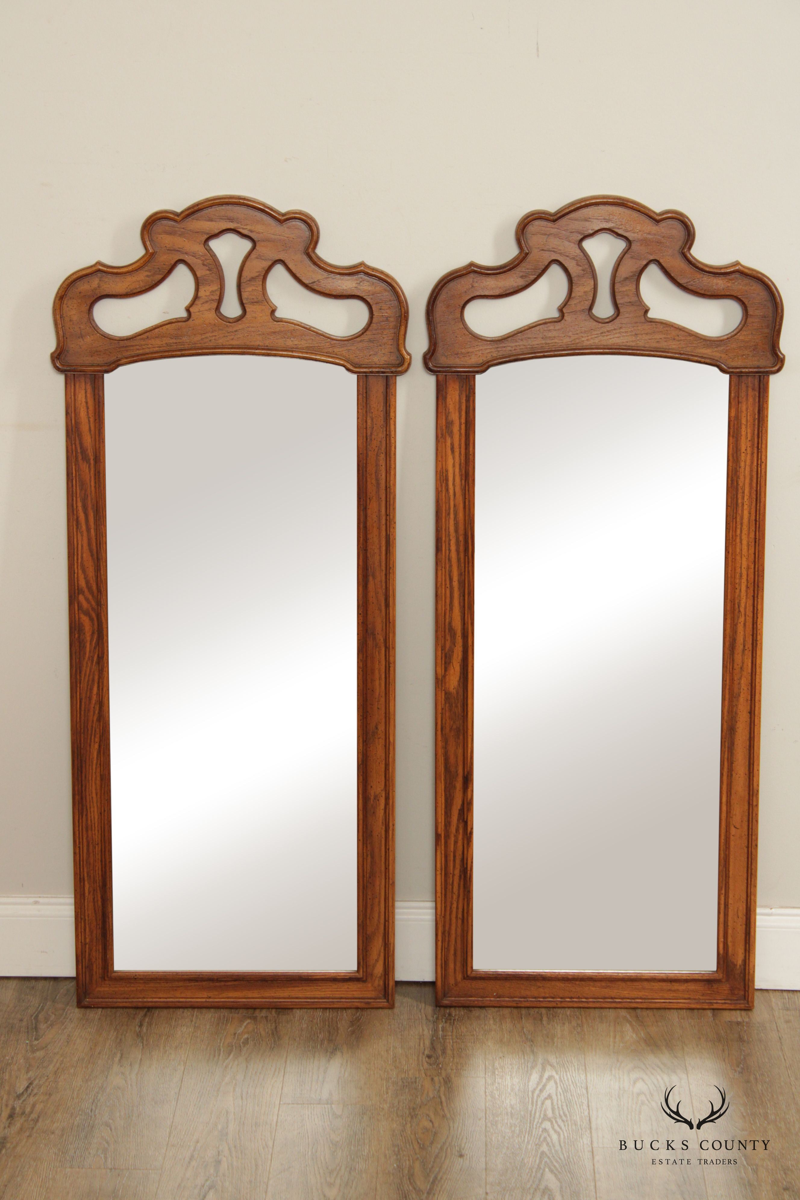 French Provincial Style Pair Of Oak And Pecan Frame Wall Mirrors