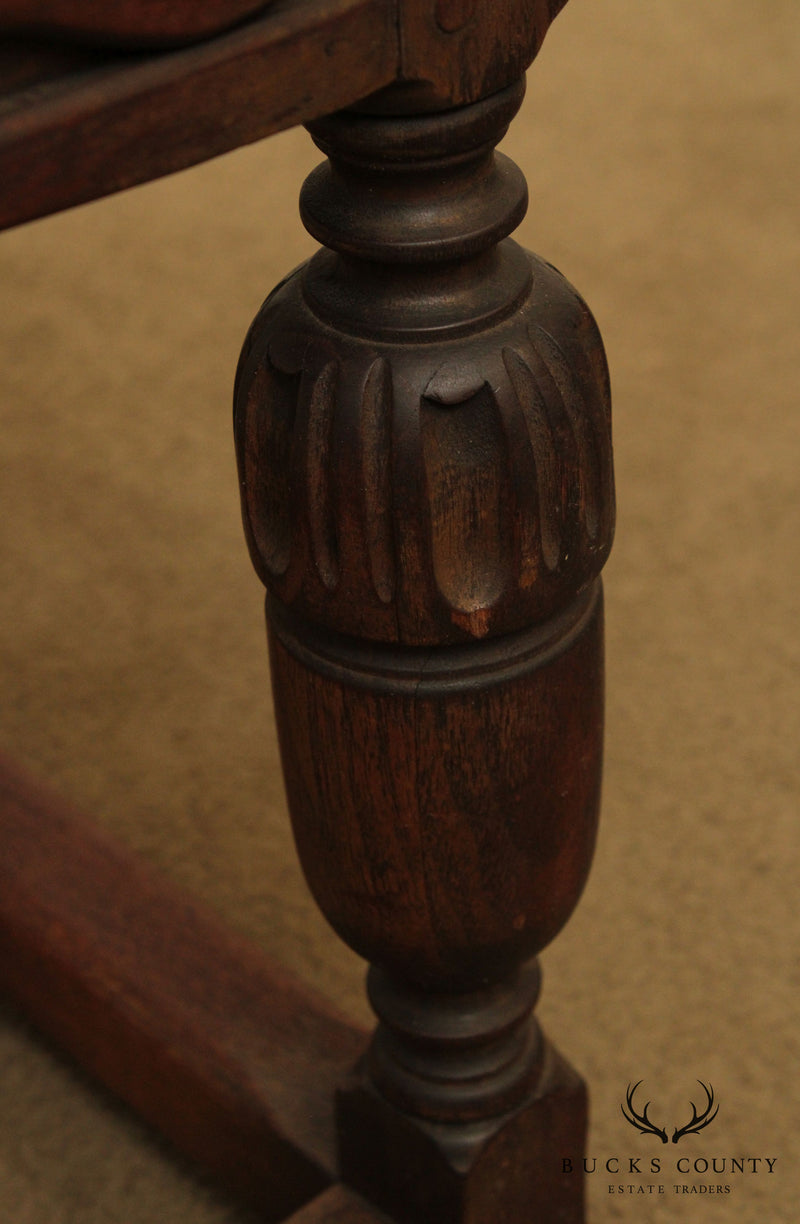 Kittinger 1920's Jocobean Style Carved Walnut Leather Seat Stool
