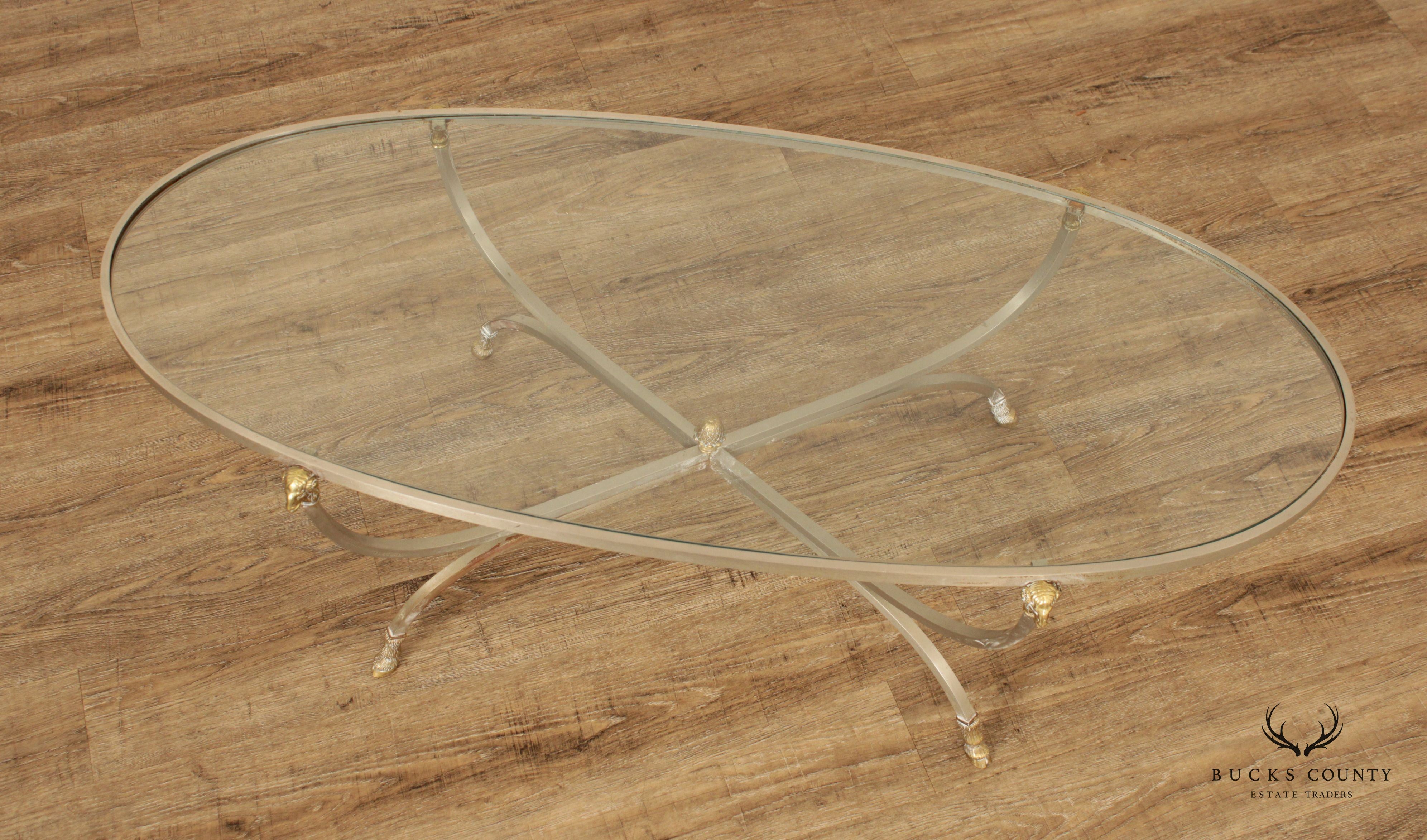 Directoire Neoclassical Style Vintage Brushed Steel, Brass, and Glass Top Coffee Table