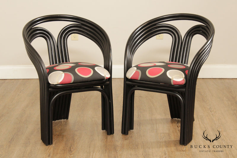 Vintage Art Deco Style Pair Black Lacquer Bentwood Rattan Armchairs