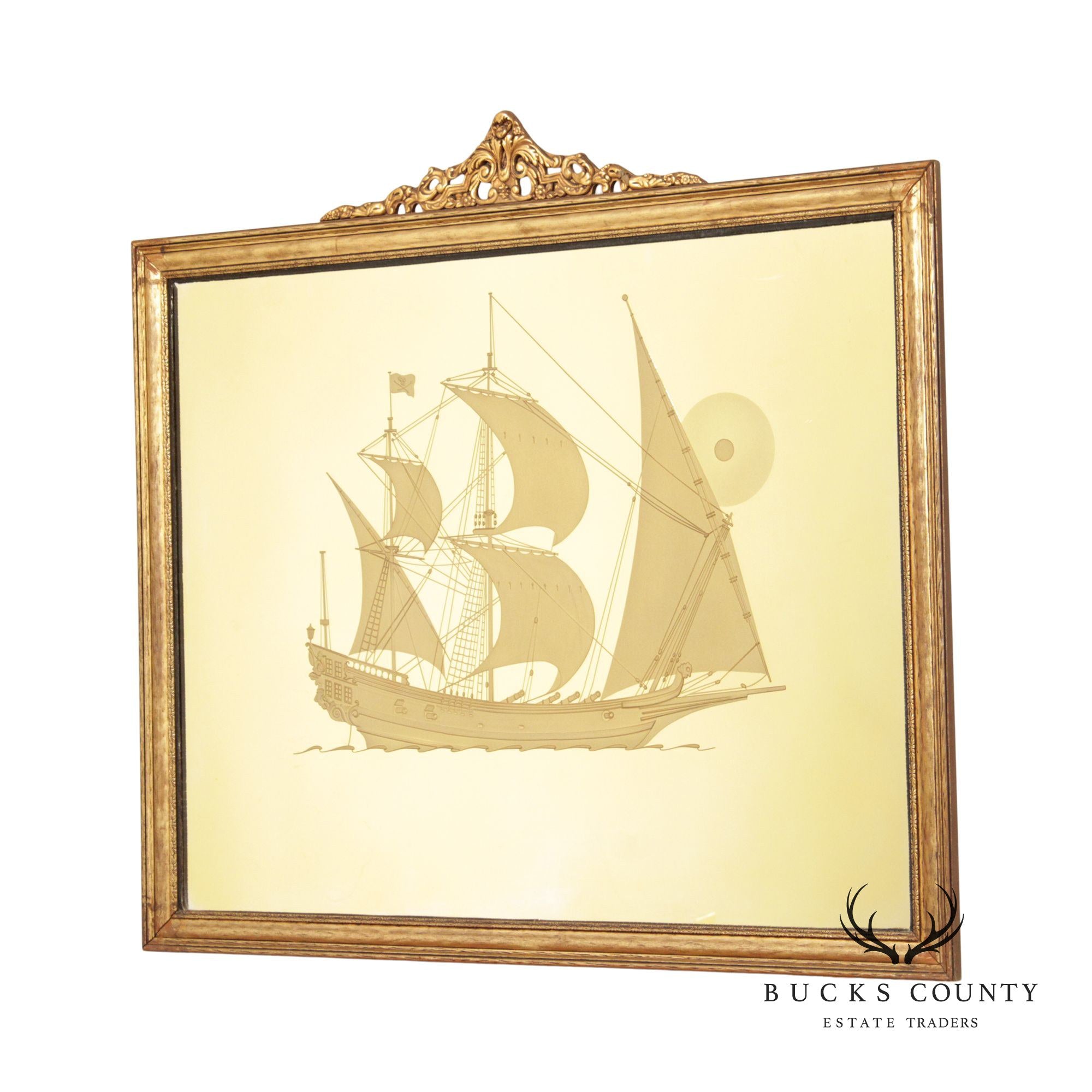 Vintage Gilt Frame Etched Masted Ship Wall Mirror