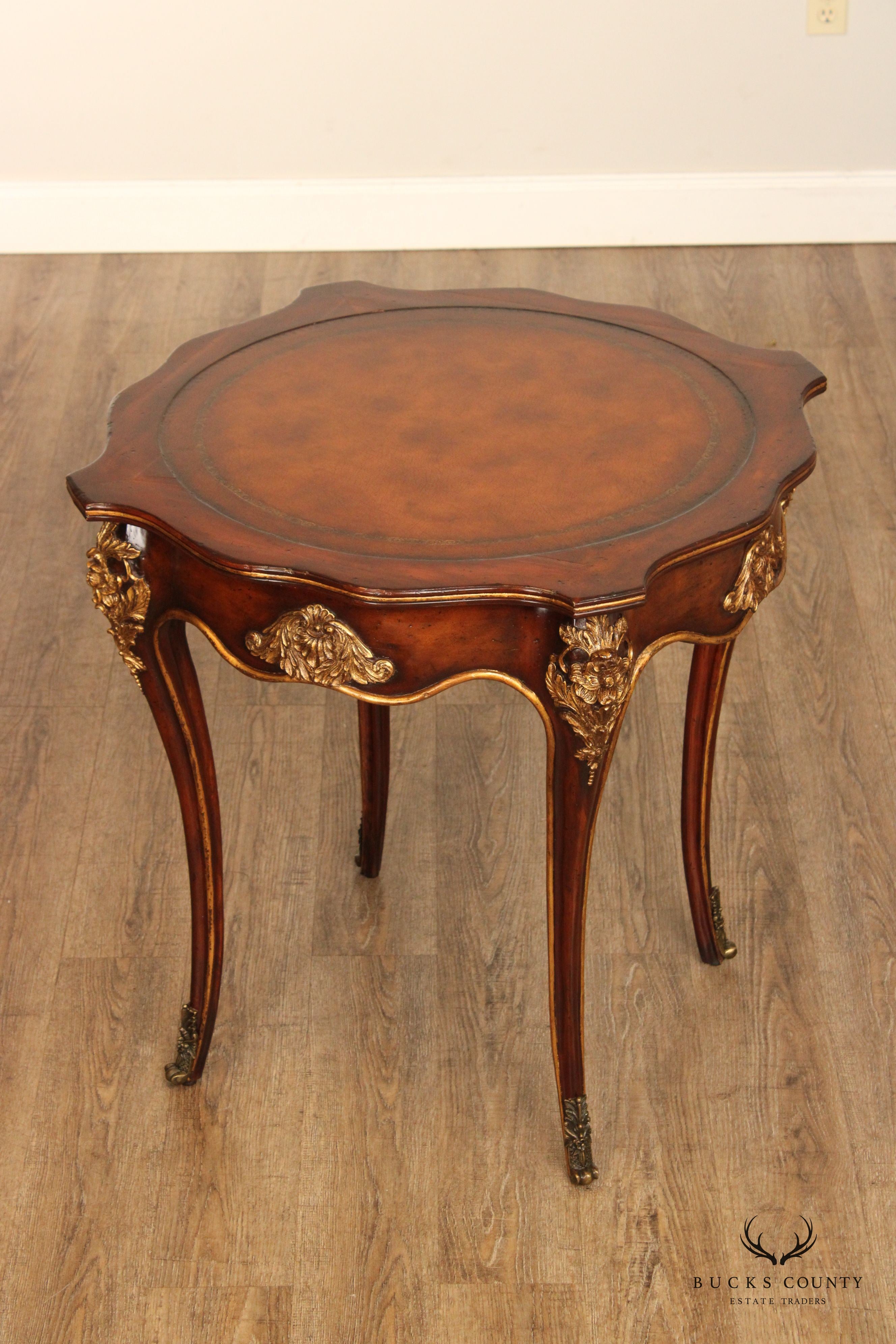 European Crossroads Renaissance Revival Style Leather Top Accent Table