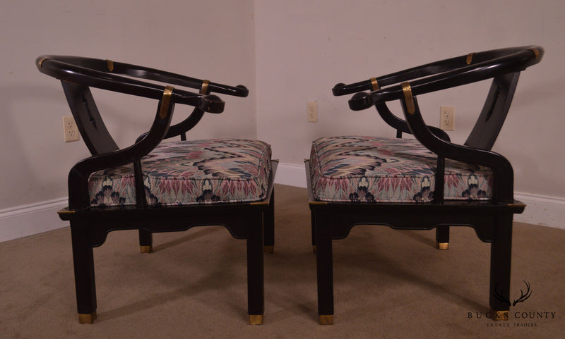 Mid Century Black Lacquered Pair Asian Style Horseshoe Armchairs