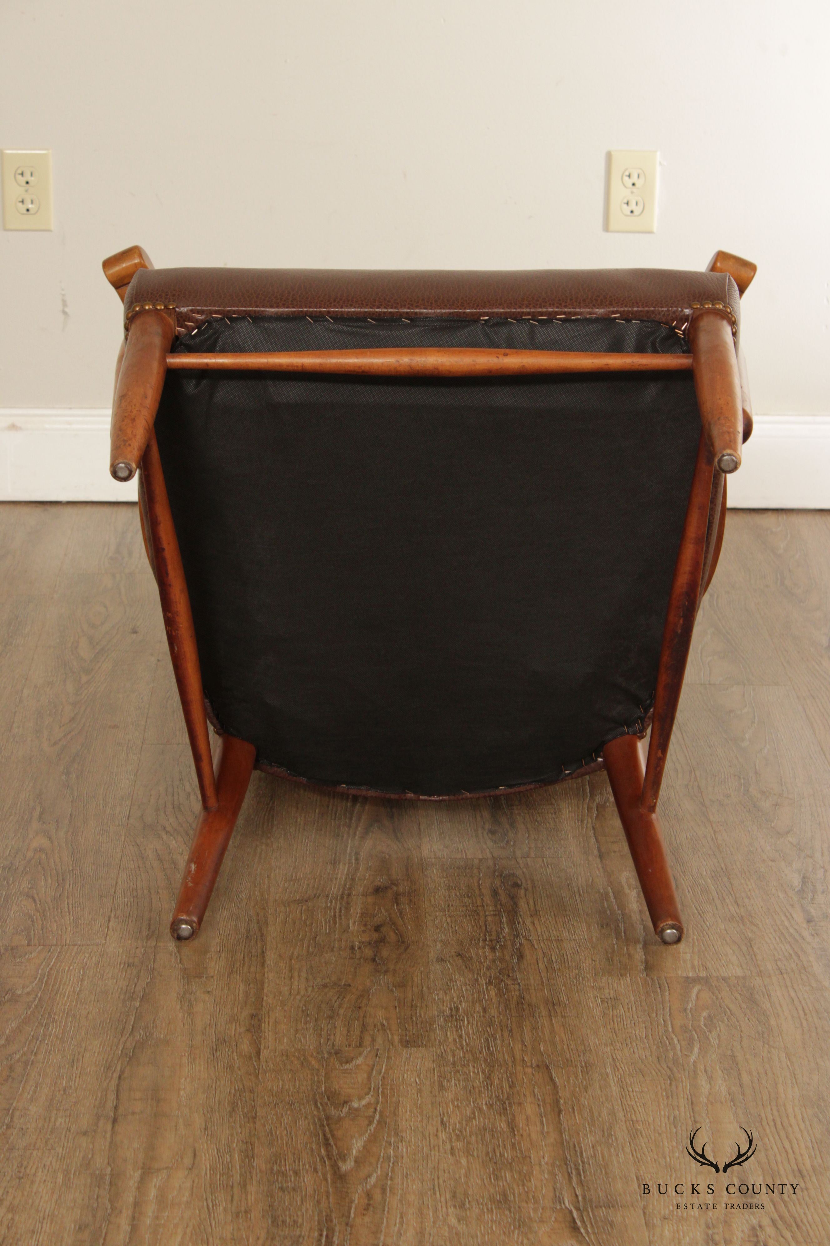 Mid Century Unusual High Back Sculpted Maple & Leather Arm Chair