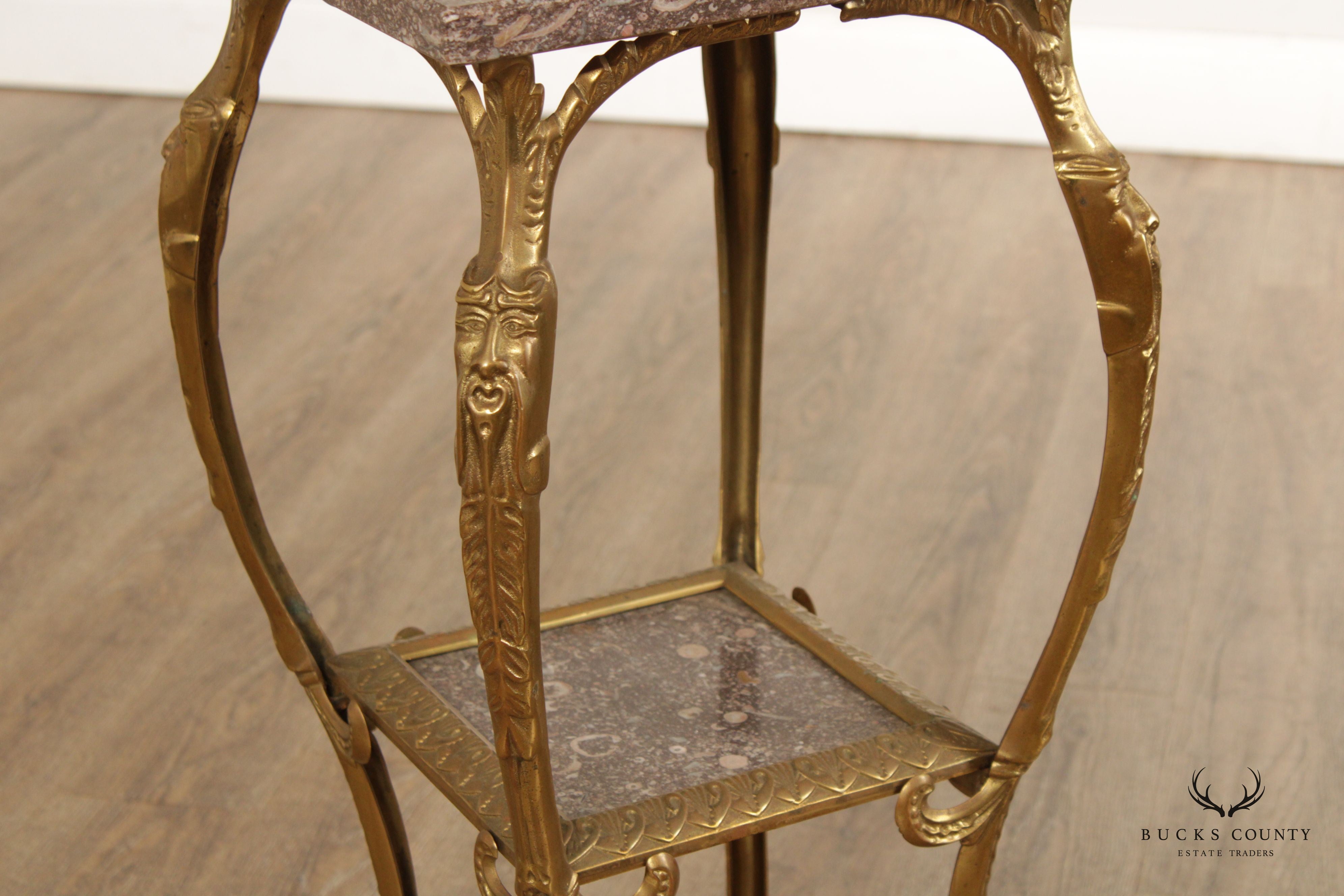 Victorian Art Nouveau Brass Marble Top Plant Stand