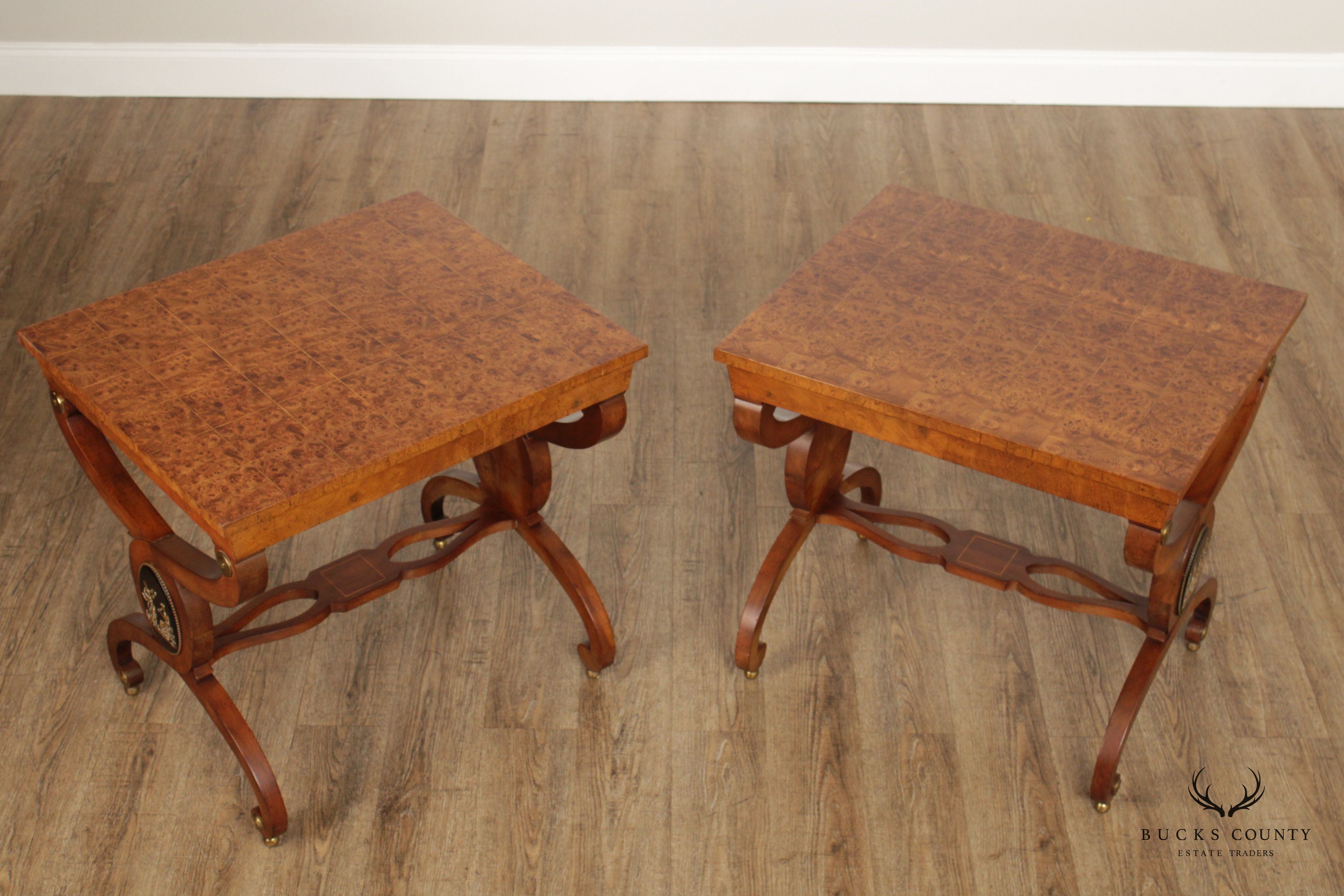 Neoclassical Style Pair of Burlwood Medallion Side Tables