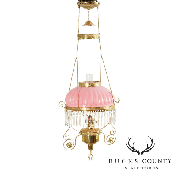 Rochester Antique Victorian Brass Hanging Oil Lamp Chandelier, Pink Glass Shade