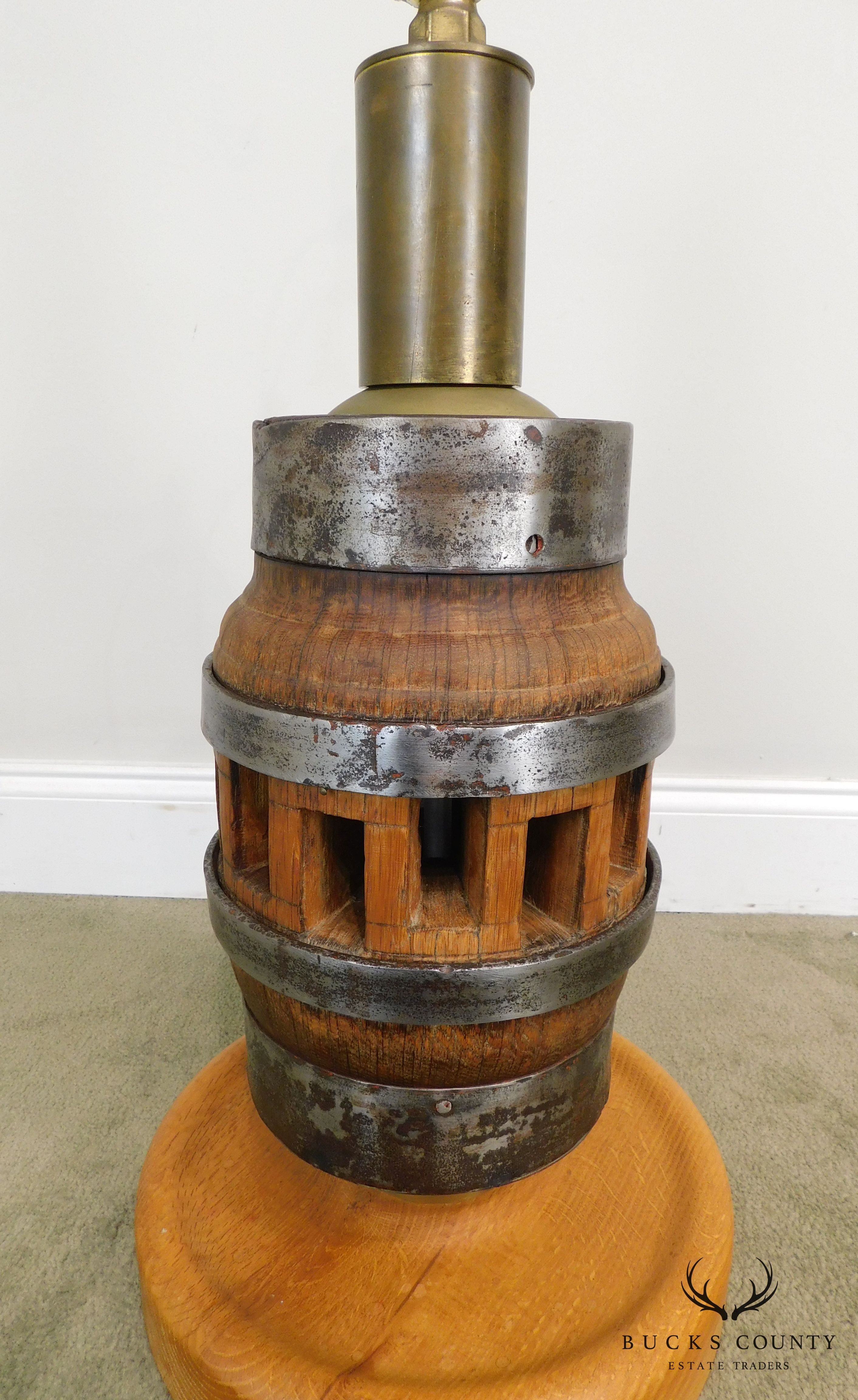 Heavy Wood and Steel Vintage Pair Barrel Table Lamps