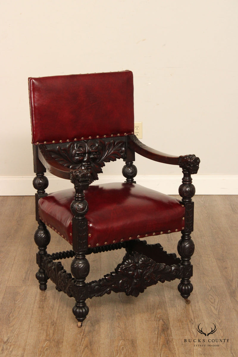 Victorian Gothic Revival Set Six North Wind Carved Mahogany And Leather Dining Chairs