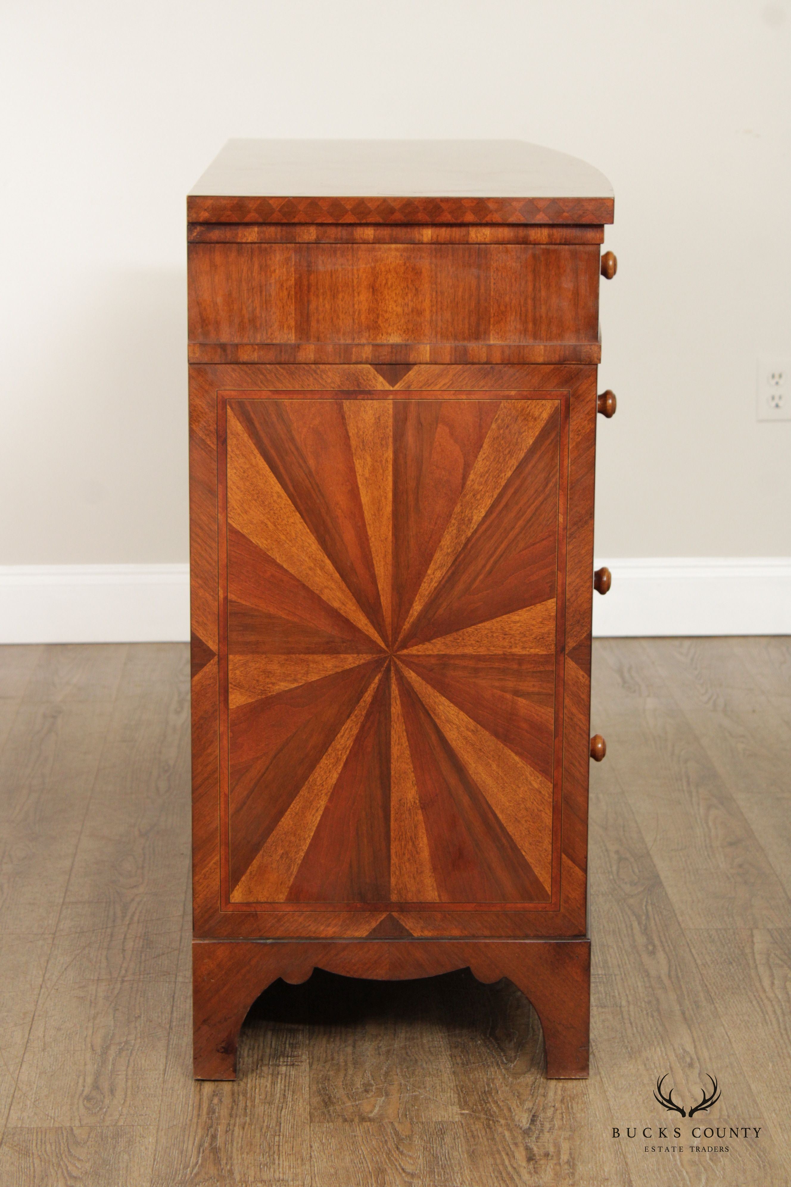 Italian Regency Style Sunburst Inlaid Bowfront Chest of Drawers