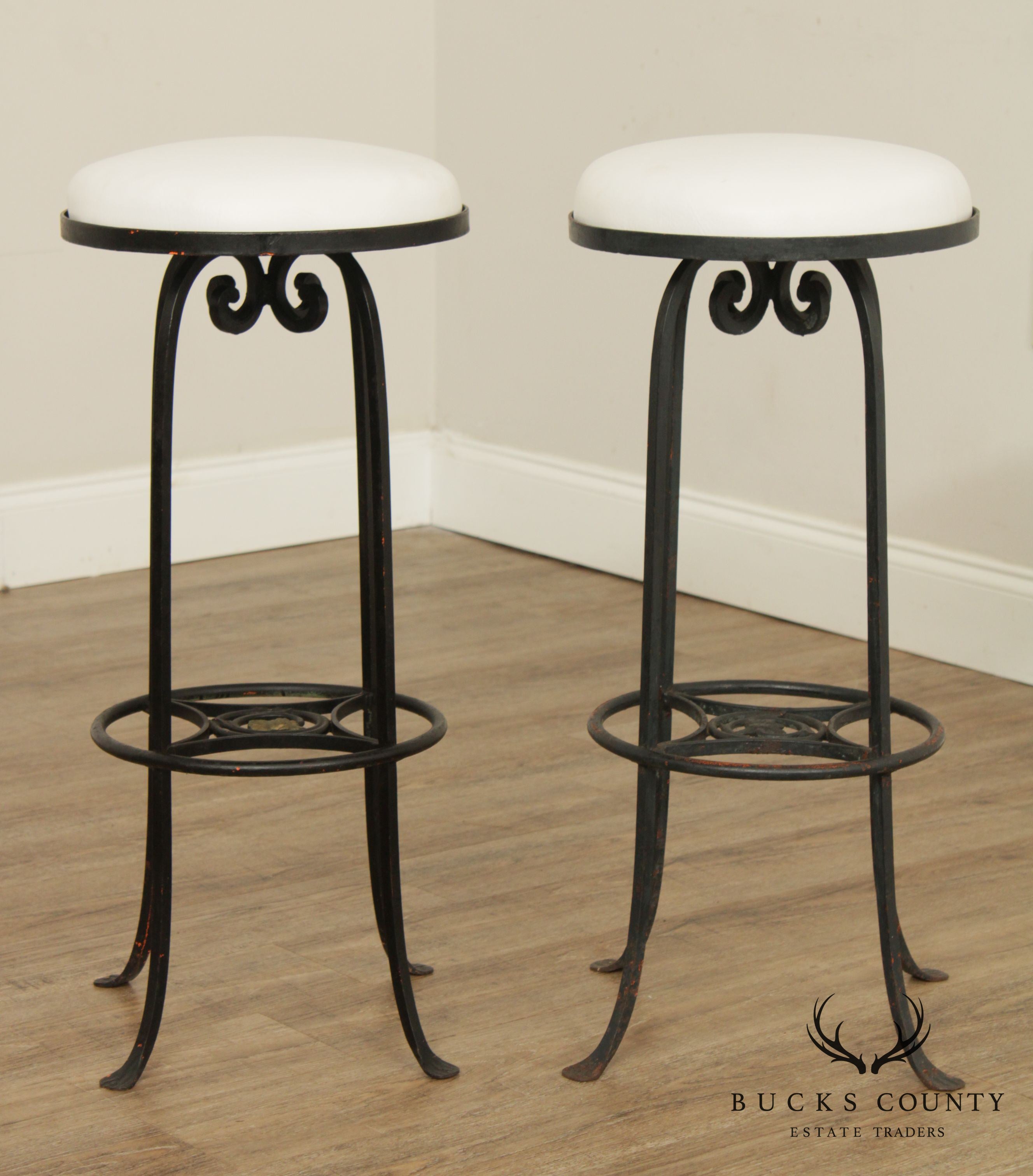 Custom Pair of Vintage Wrought Iron and Vinyl Patio Bar Stools