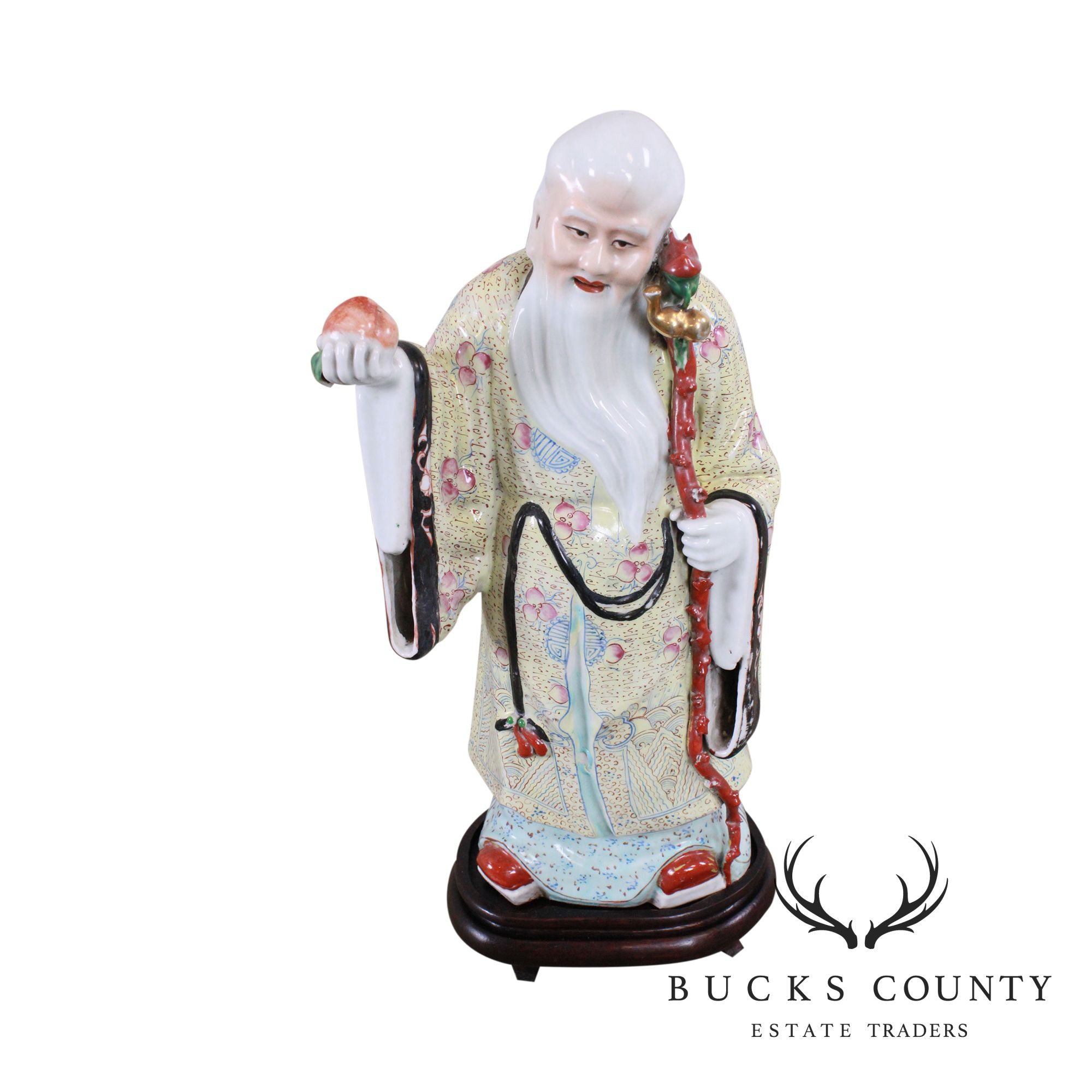 Porcelain Figure Shouxing Chinese God of Longevity Wood Base