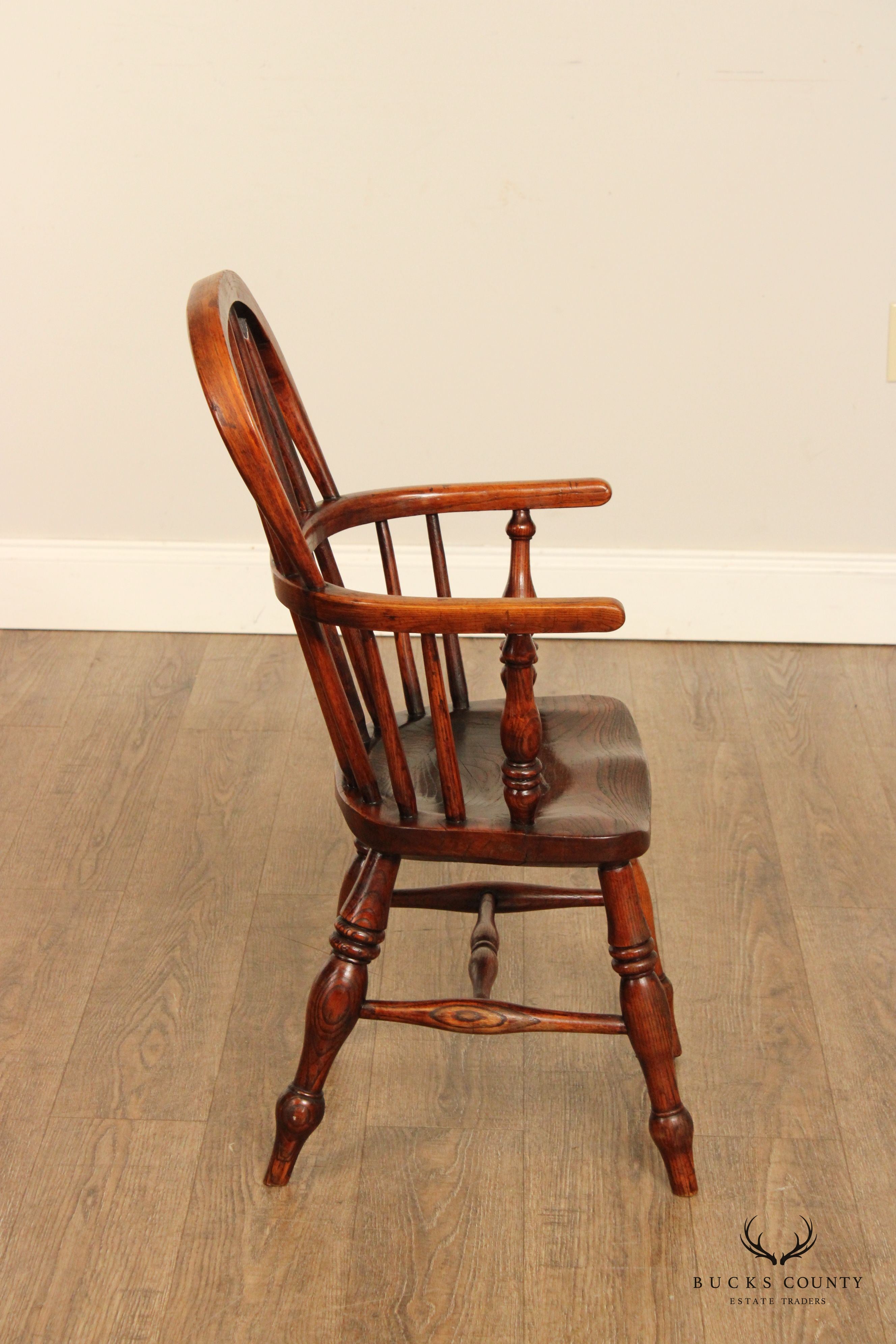 Antique English Elm Windsor Style Children's Armchair