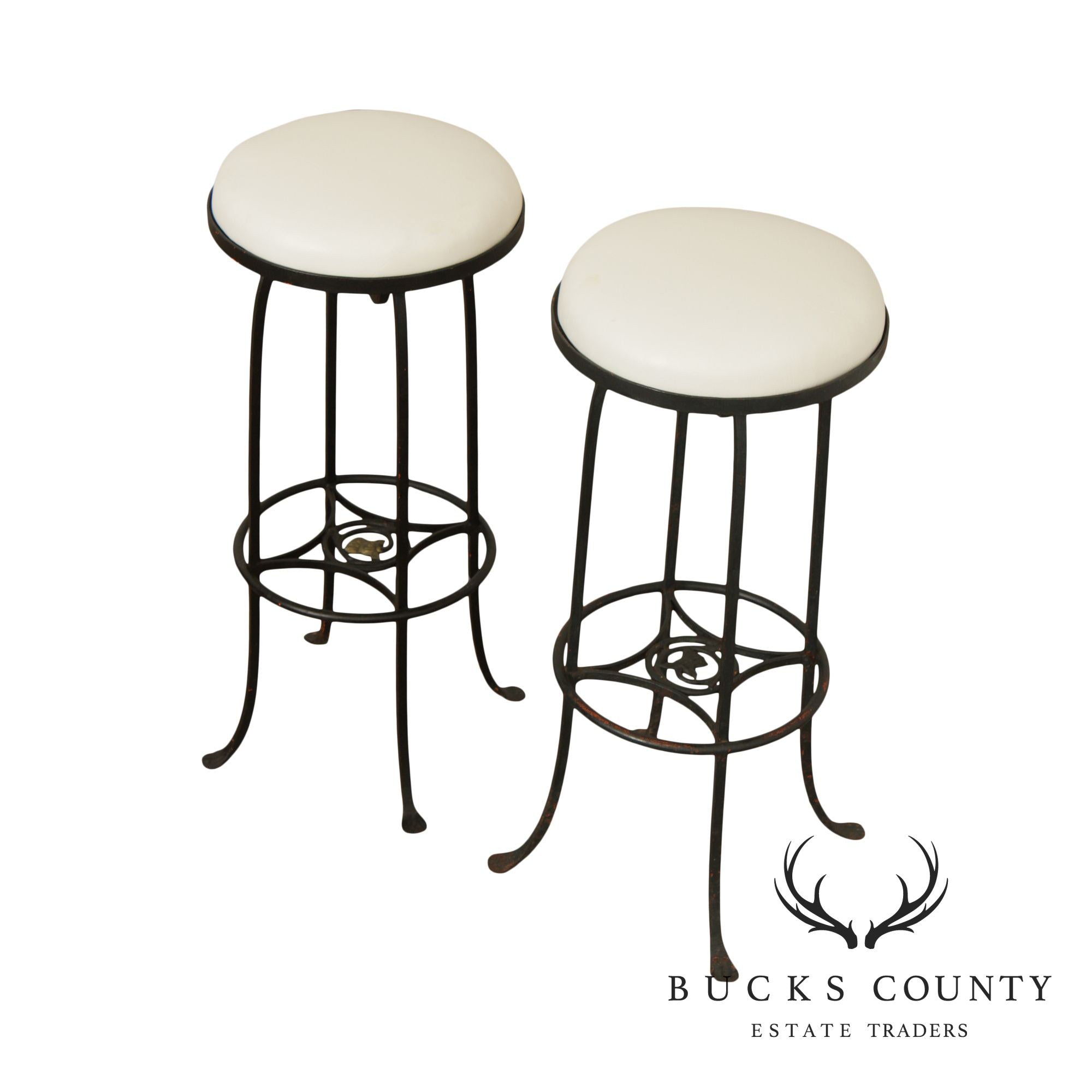 Custom Pair of Vintage Wrought Iron and Vinyl Patio Bar Stools