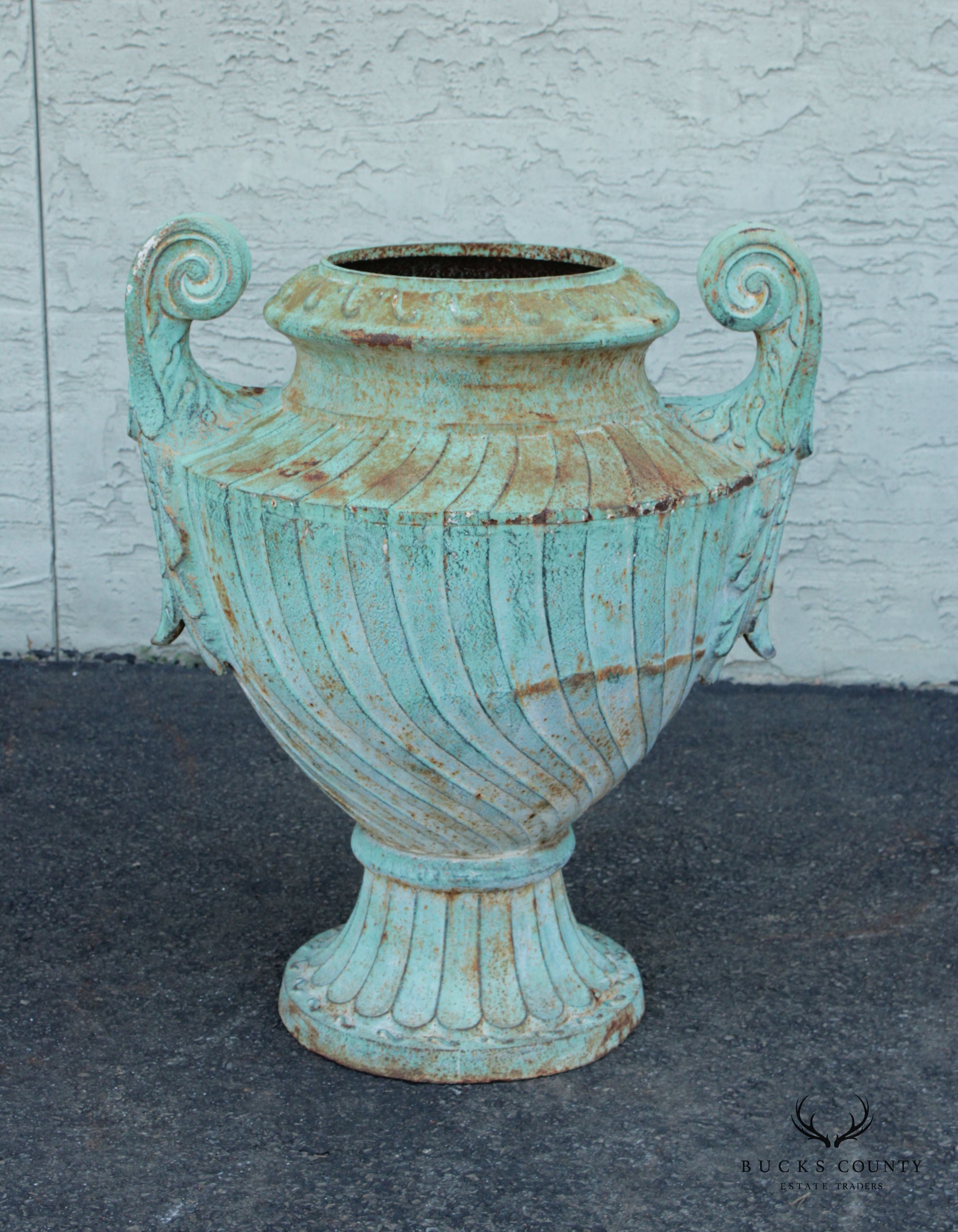 Neoclassical Style Large Pair Verdigris Cast Iron Urn Garden Planters