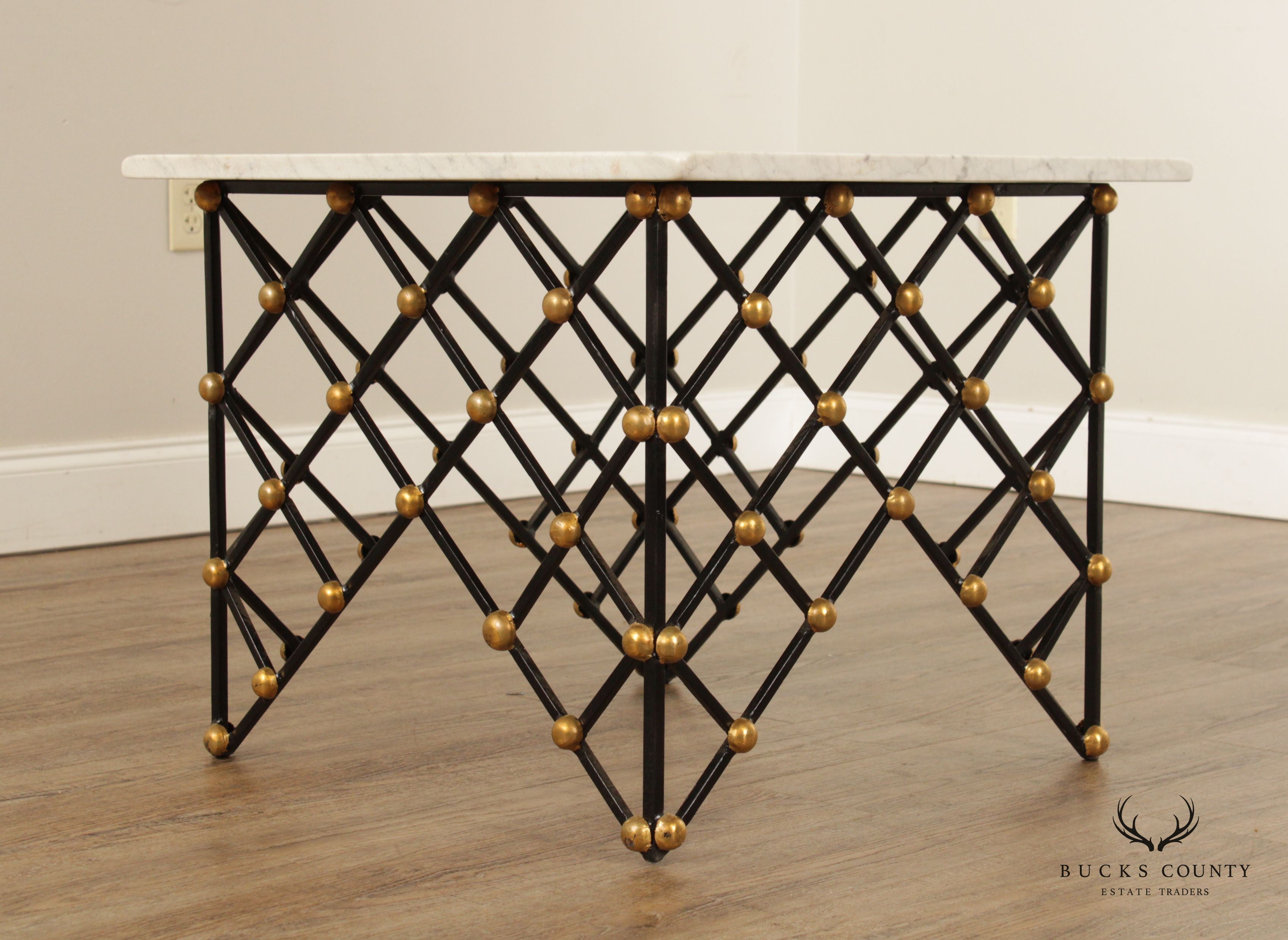 Vintage Wrought Iron Net Square Marble Top Cocktail Table