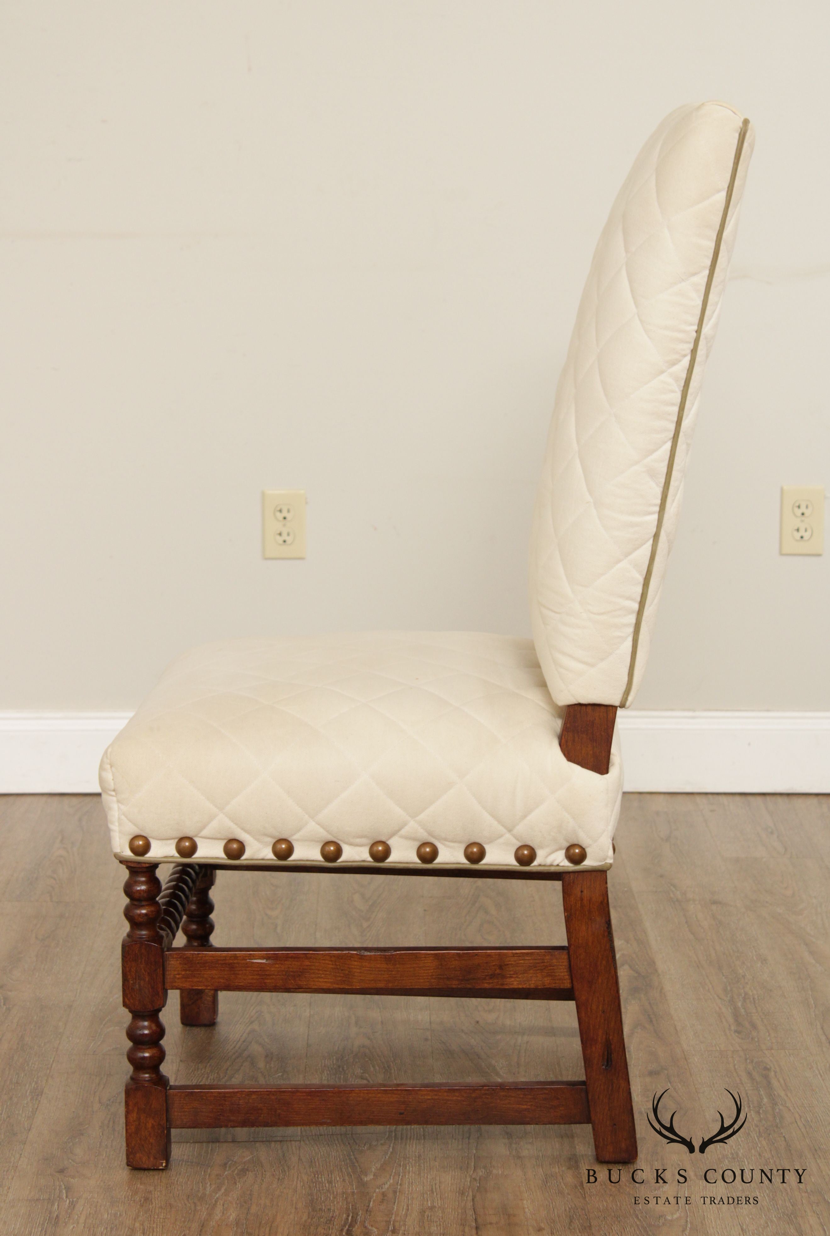 Jacobean Style Pair Spool Turned Upholstered Side Chairs