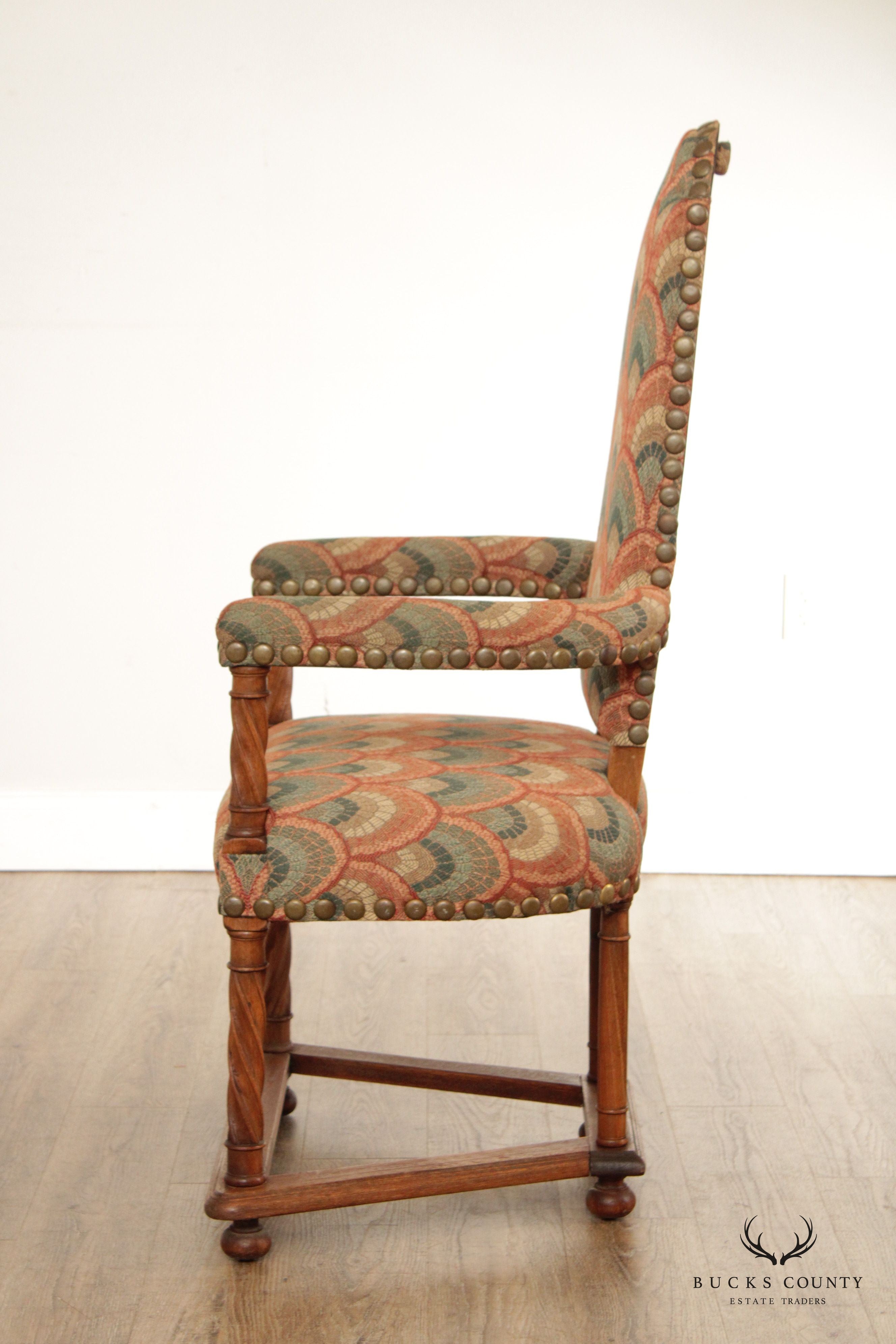 Spanish Revival Style Antique Oak High-Back Arm Chair