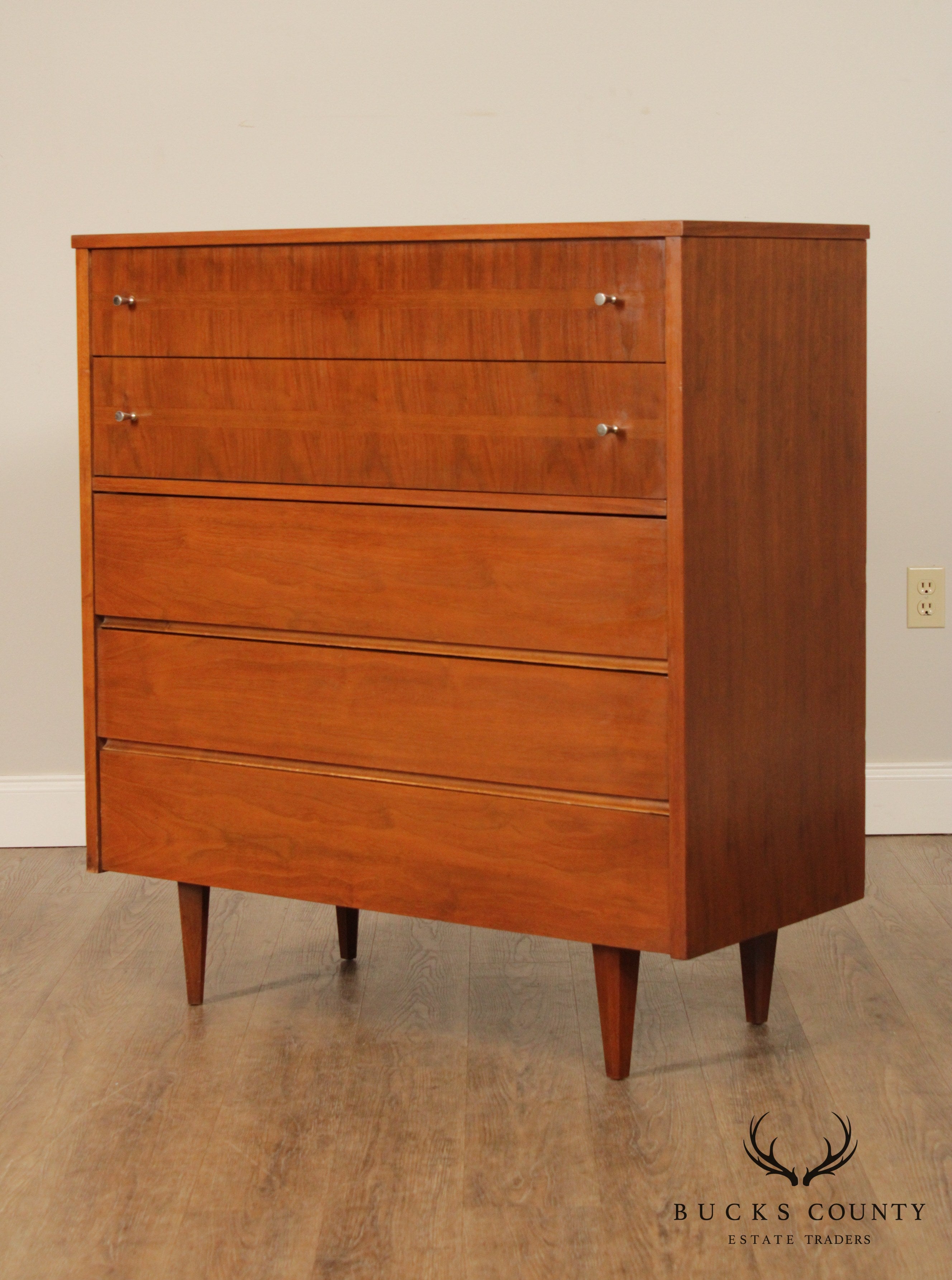 Mid Century Modern Vintage Walnut 5 Drawer Tall Chest