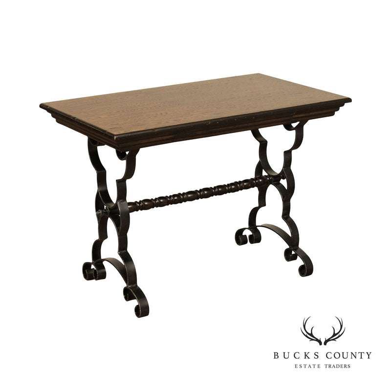 Spanish Revival Vintage Wrought Iron & Oak Trestle Table