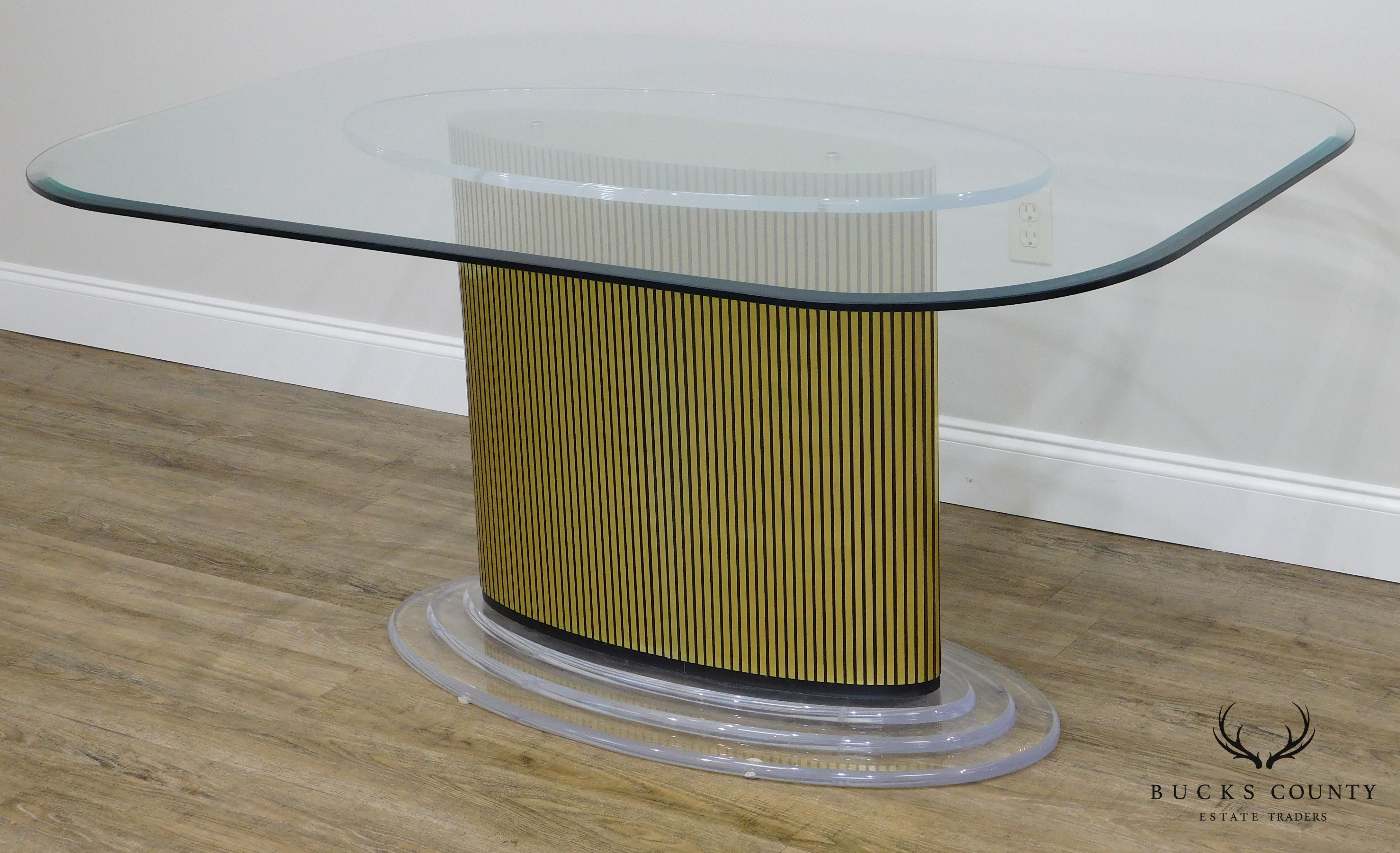 Mid Century Modern Lucite and Gold pedestal Base Glass Top Dining Table