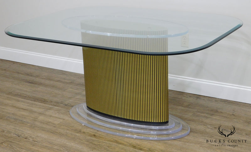 Mid Century Modern Lucite and Gold pedestal Base Glass Top Dining Table
