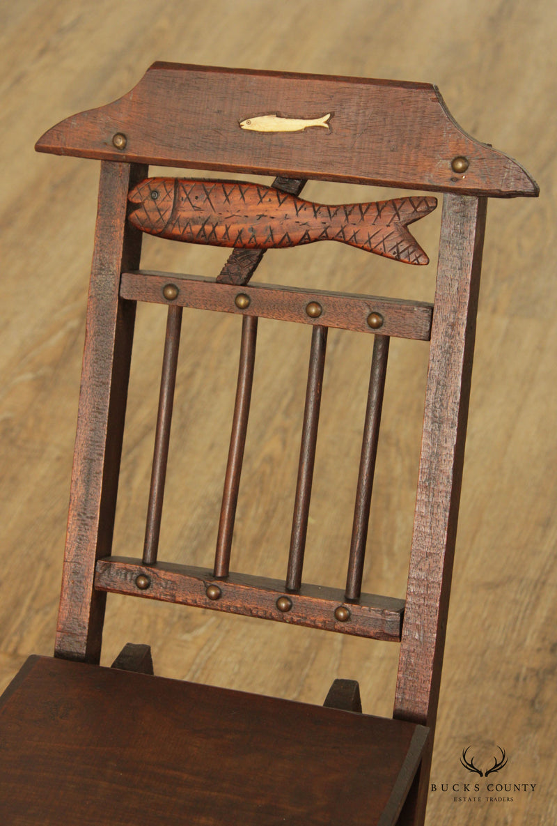 Antique 19th Century Walnut and Bone Child's Folding Fishing Chair