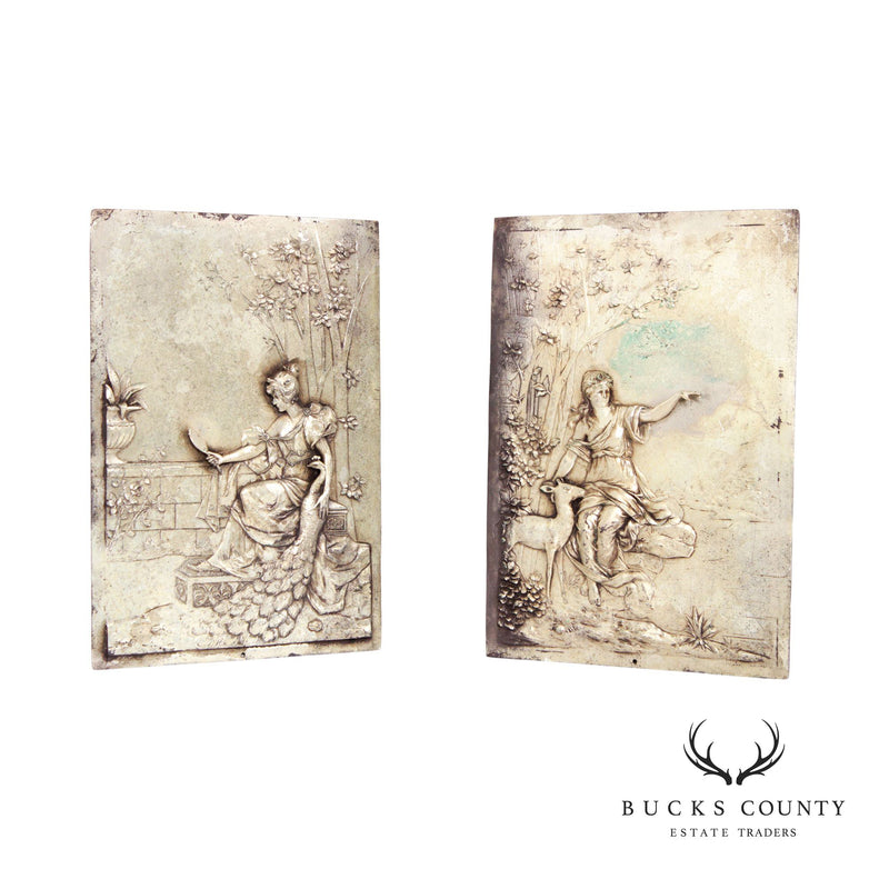 Renaissance Revival Style Pair of Silver Plated Metal Relief Plaques