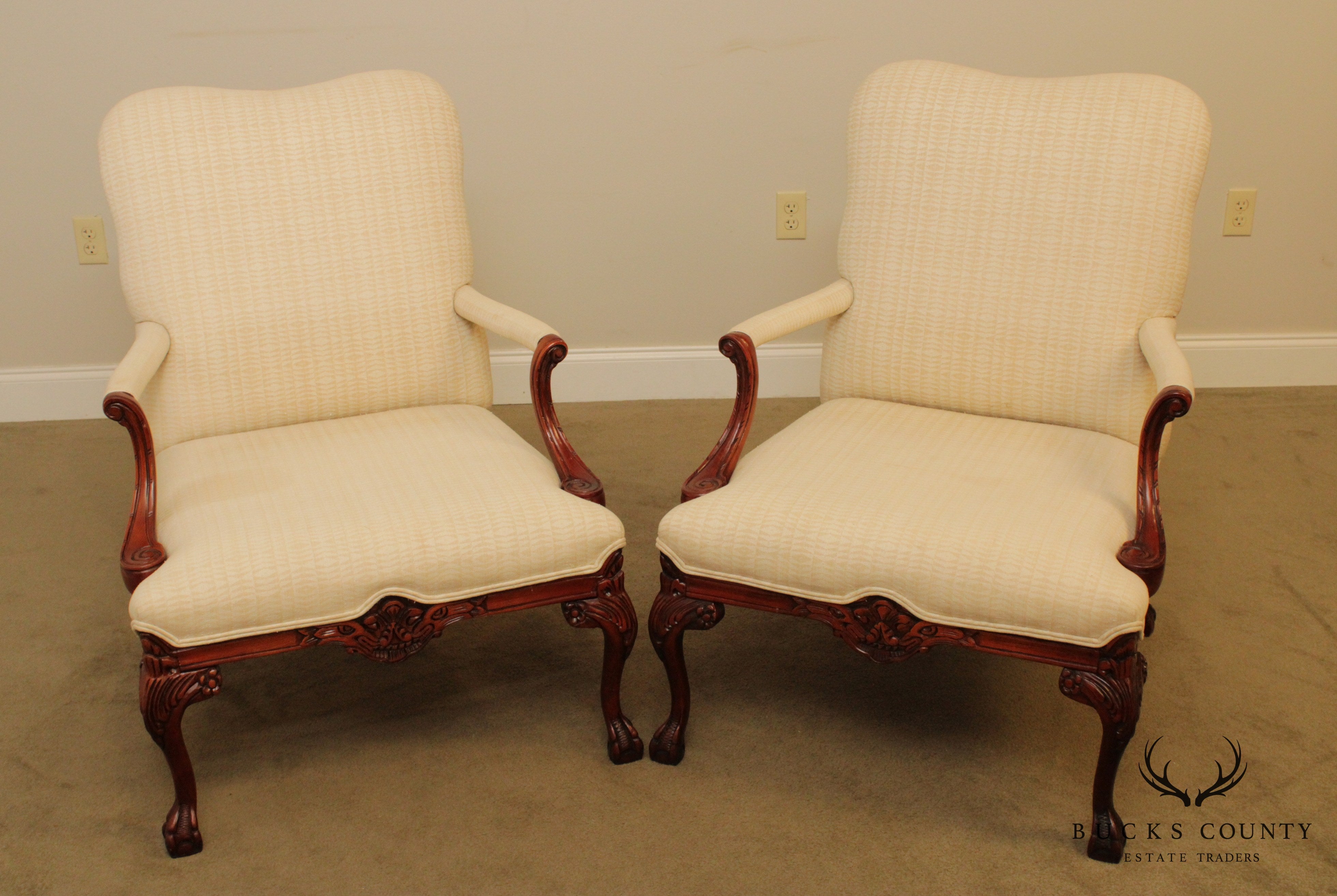 Georgian Style Quantity Pair Carved Ball & Claw Library Armchairs