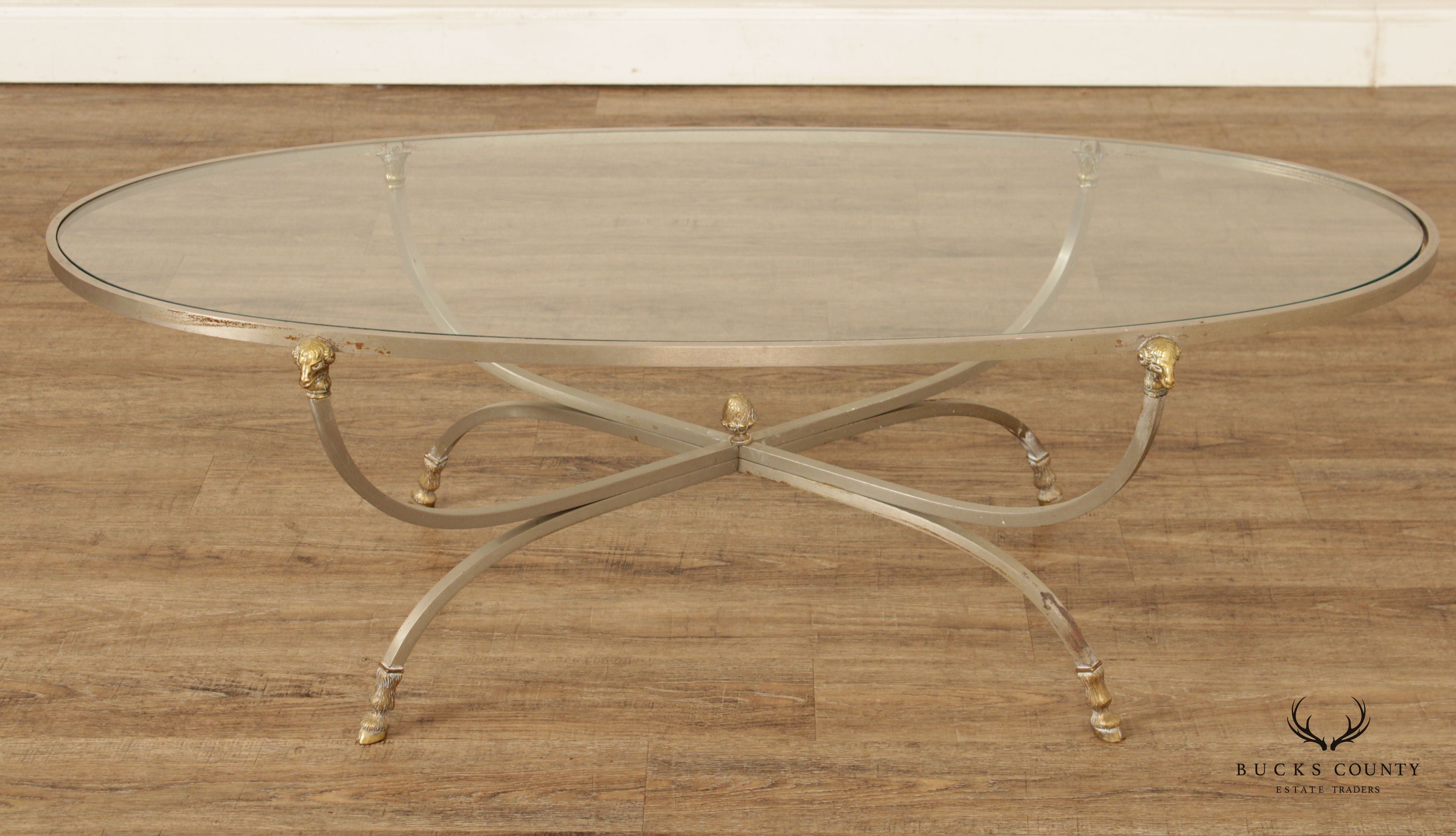 Directoire Neoclassical Style Vintage Brushed Steel, Brass, and Glass Top Coffee Table