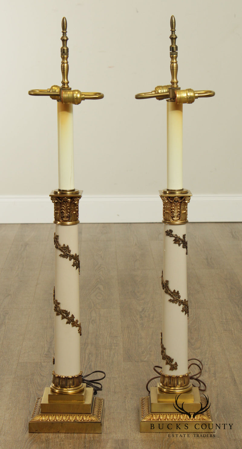 Stiffel Neo-Classical Style Pair Ivory Lacquered And Brass Column Table Lamps