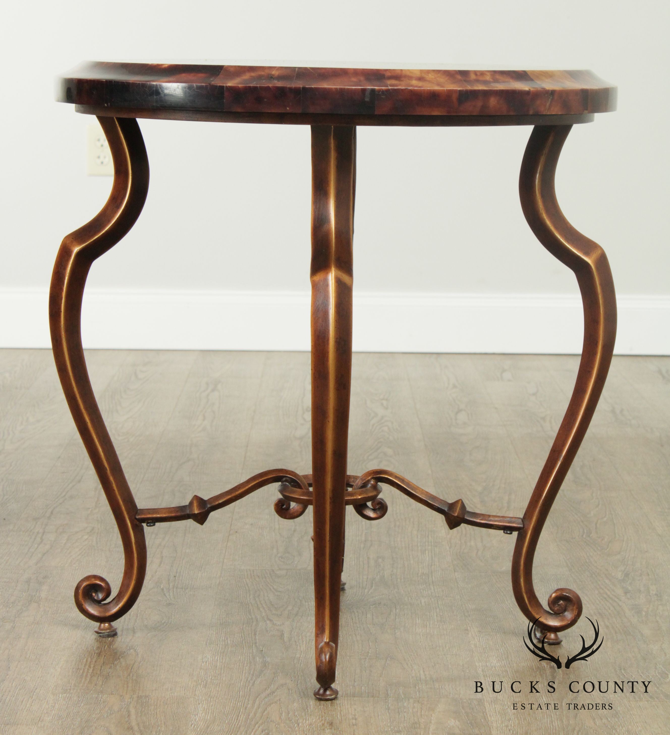 Regency Style Round Faux Tessellated Horn Iron Base Side Table