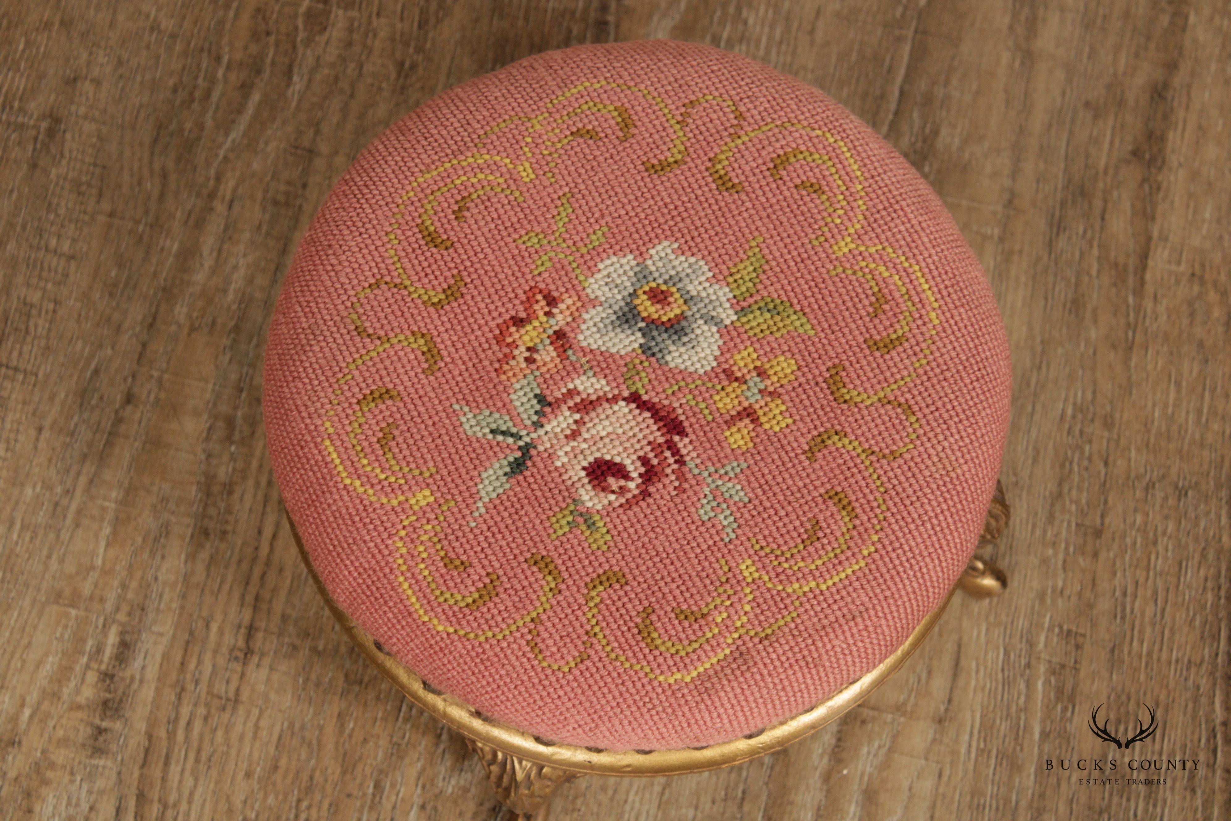 Victorian Style Needlework Gilt Painted Small Round Foot Stool